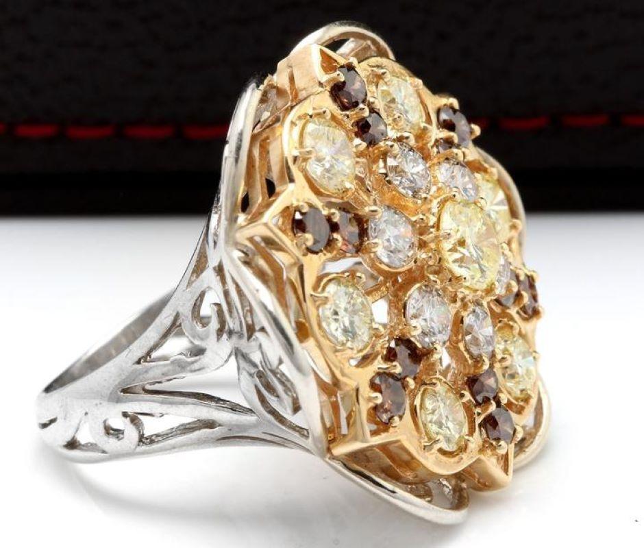 Splendid 5.00 Carats Natural VS Diamond 14K Solid Two-Tone Gold Ring

Stamped: 14K

Total Natural Round Cut Diamonds Weight: 4.00 Carats (color H, Fancy Yellow, Champagne / Clarity VS1-SI1)

Center diamond weight is .60Ct

The width of the ring is: