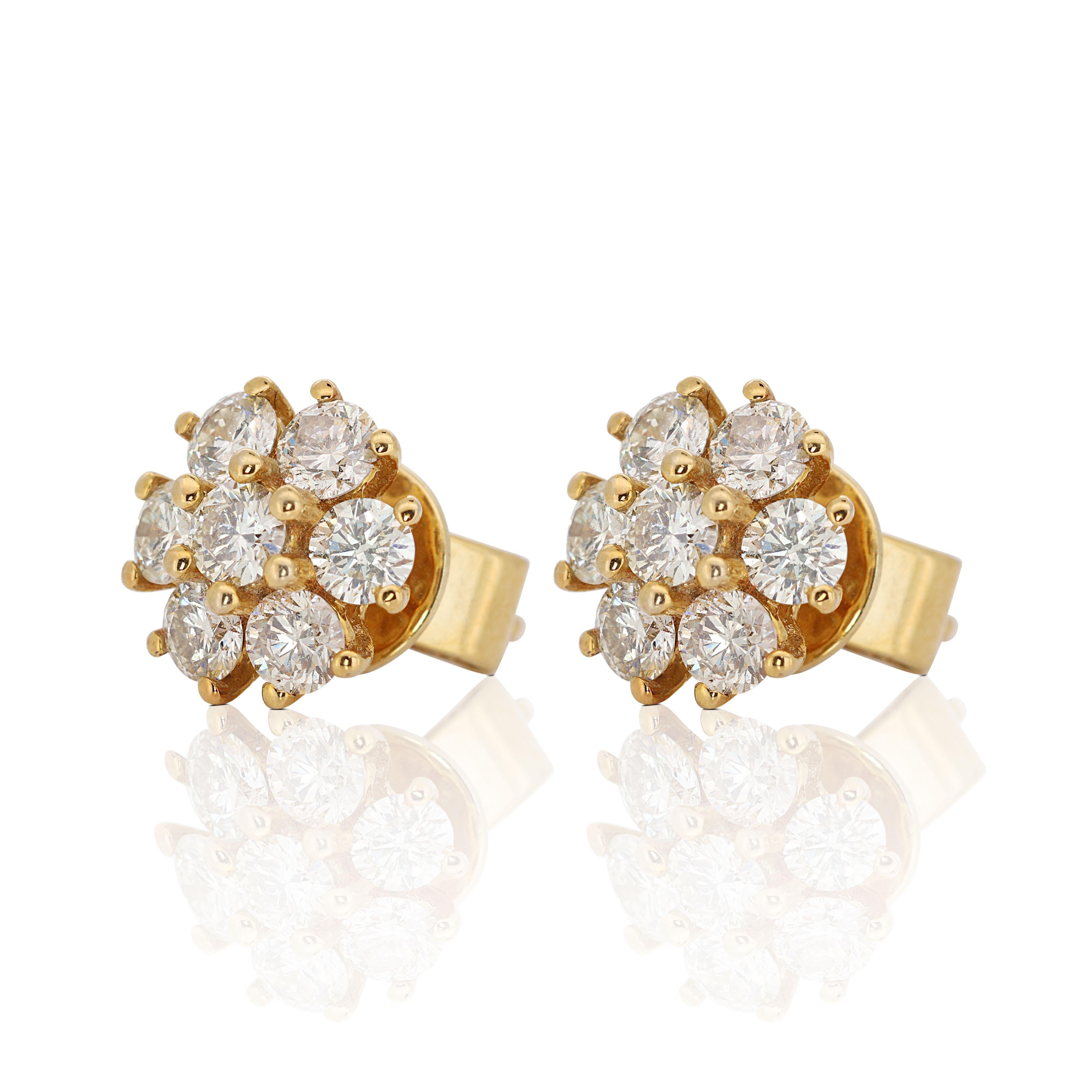 Jolies boucles d'oreilles fleur en or jaune 9 carats avec diamants naturels de 1 carat et 40 points Pour femmes en vente