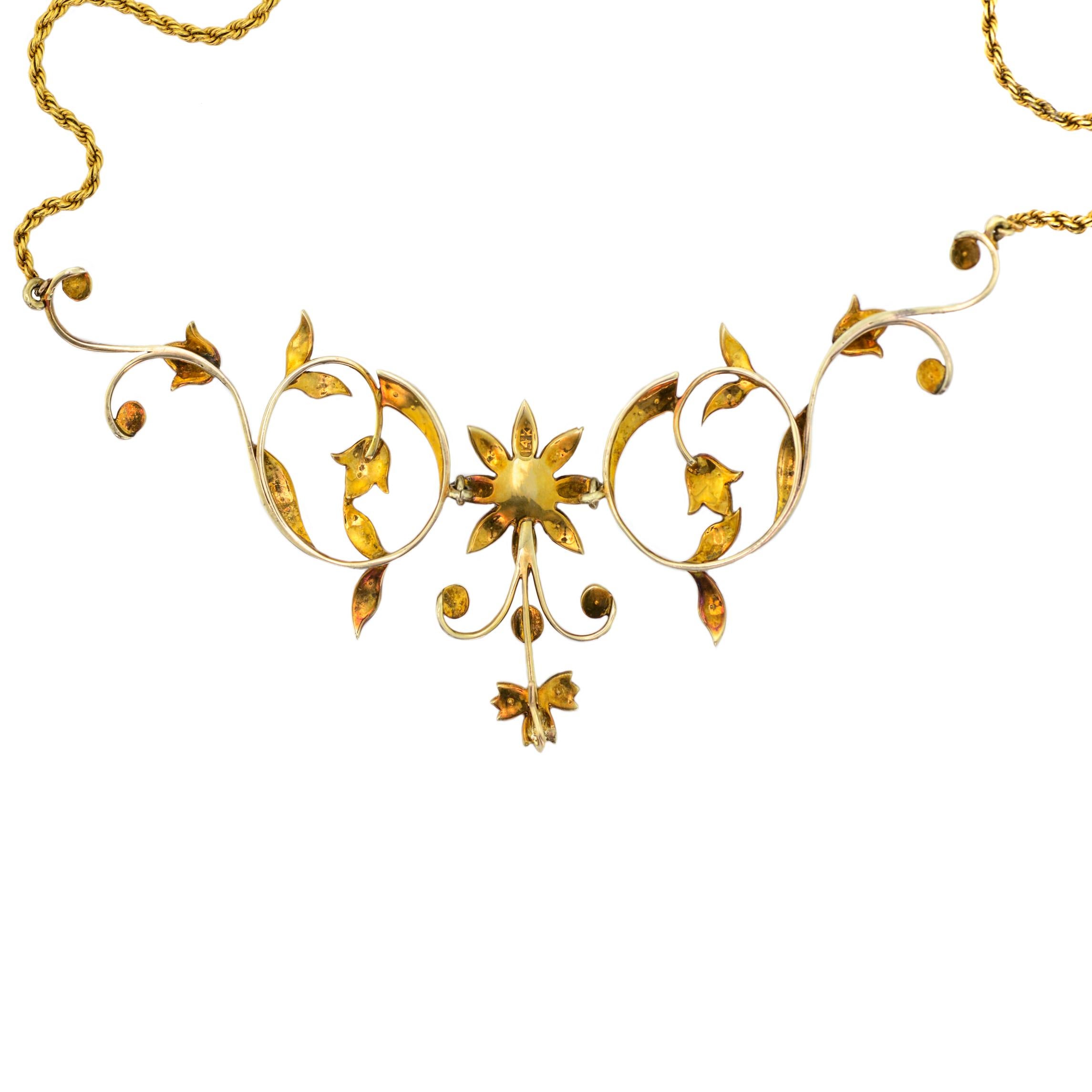 Splendid Antique Edwardian 14 Karat Yellow Gold Pearl Floral Necklace For Sale 1
