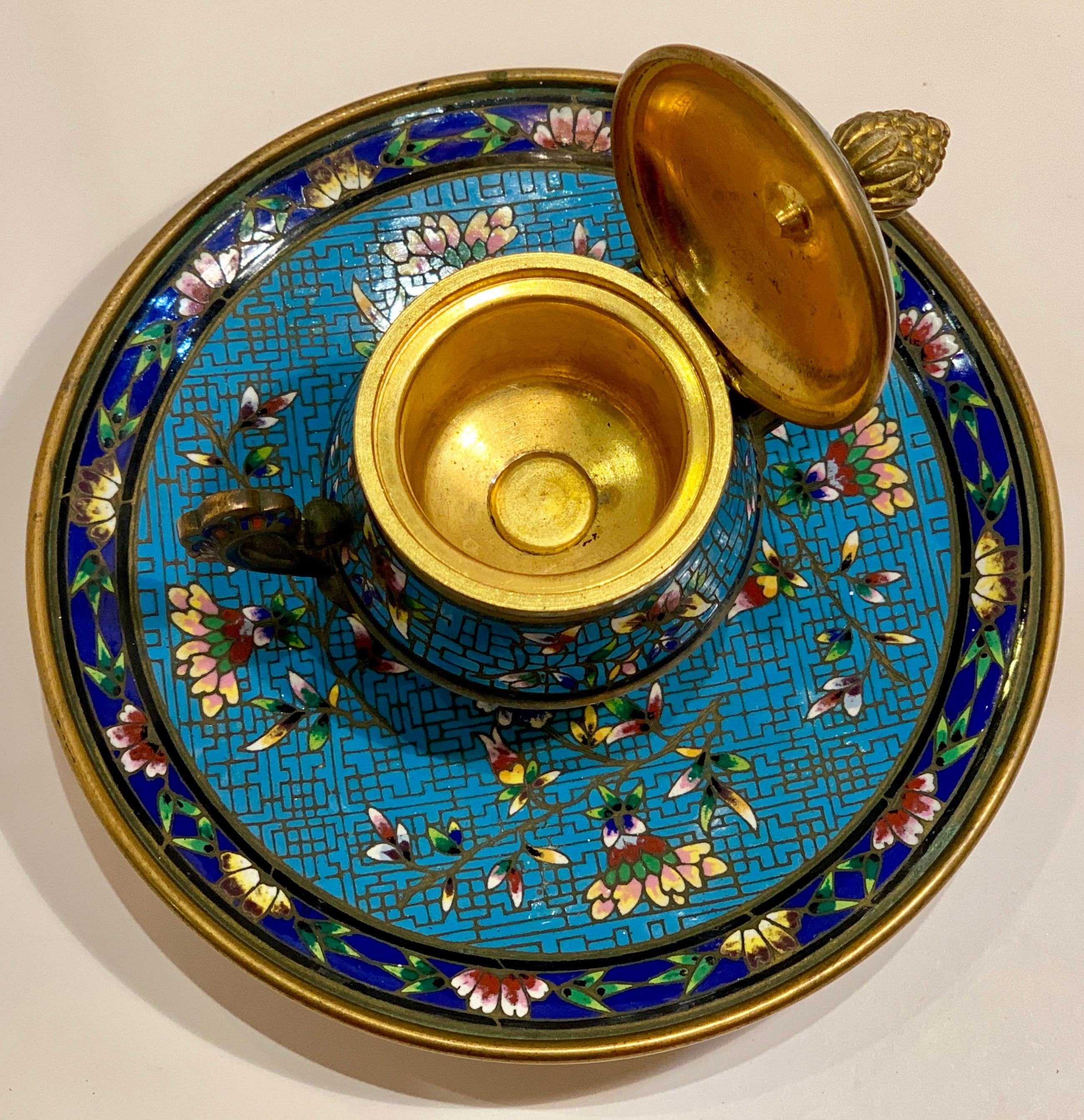 Splendid Antique French Encrier Champleve Enamel Gilt Brass Inkwell, circa 1880 In Good Condition In Tustin, CA