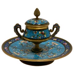 Splendid Antique French Encrier Champleve Enamel Gilt Brass Inkwell, circa 1880