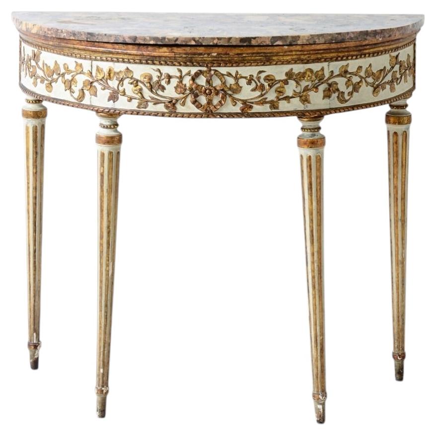 Splendid antique half-moon console table in lacquered and gilded wood For Sale