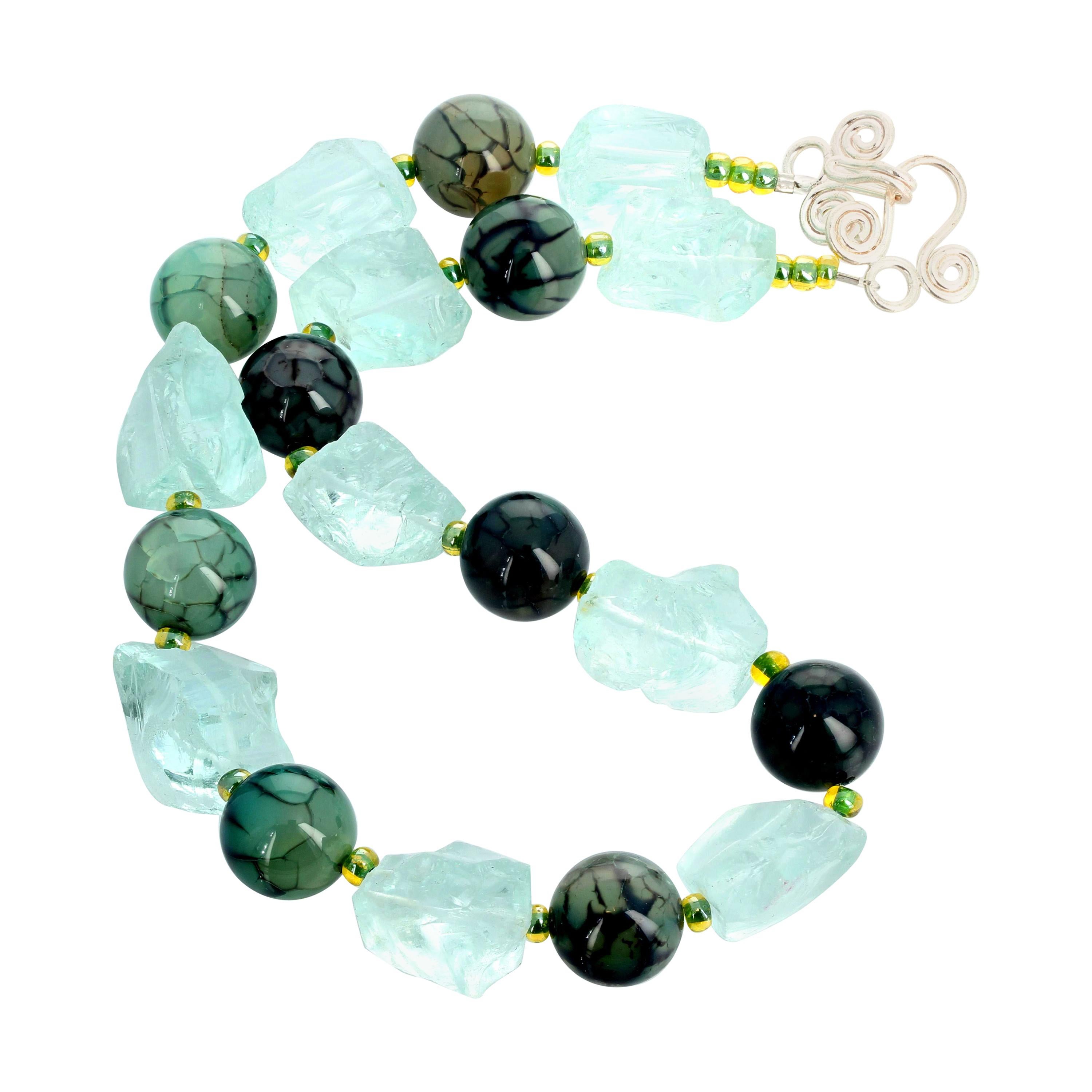 AJD Magnificent Natural Aquamarines &Blue Green Spiderweb Jasper 17 1/2"Necklace For Sale