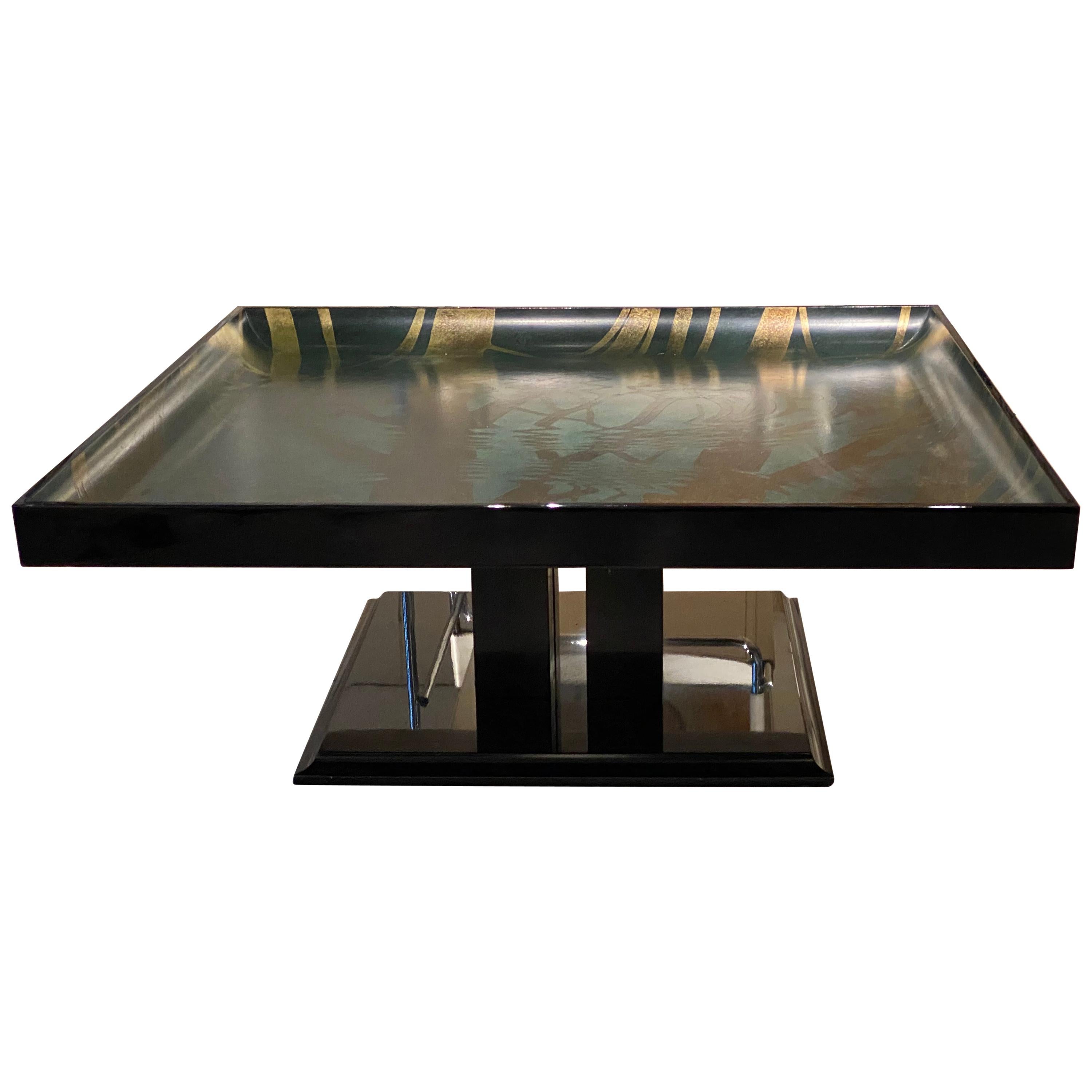 Splendid Black Lacquered Table Rippled Surface, Painting "after" M. C. Escher 