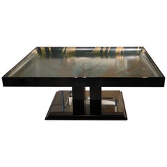 Splendid Black Lacquered Table Rippled Surface, Painting "after" M. C. Escher