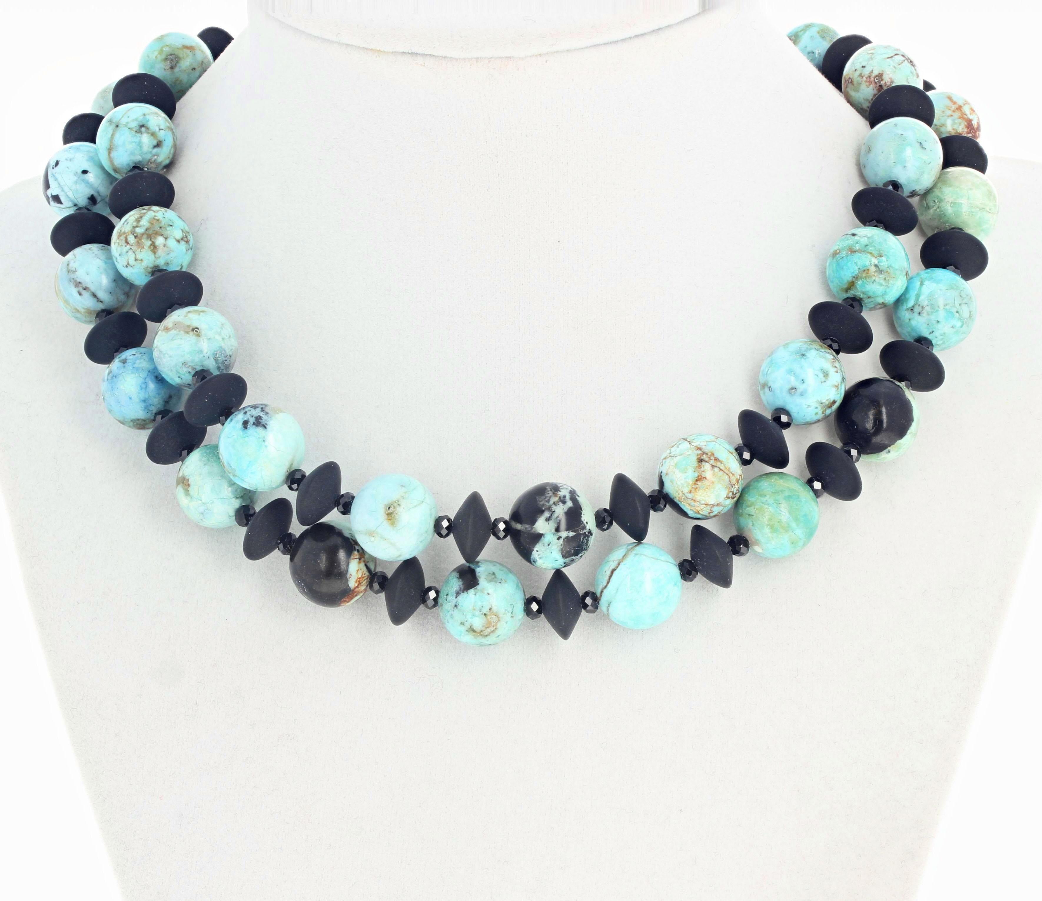 Mixed Cut AJD Blue/Green Real Peruvian Opals & Onyx Diamond Clasp Double Strand Necklace  For Sale