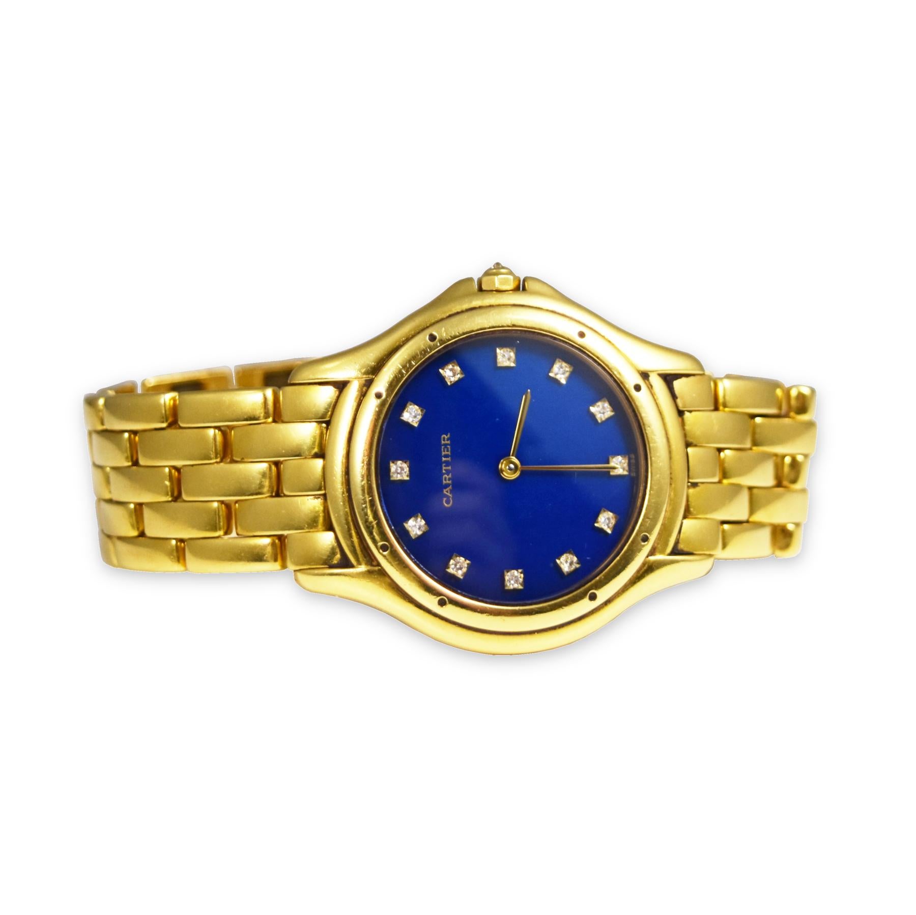 This lovely watch by Cartier features a contemporary, yet classic design with its round case in 18k yellow gold, an interesting variation of the best-seller Panthere watch. It is luxuriously adorned by diamonds on its stunning marine blue dial
