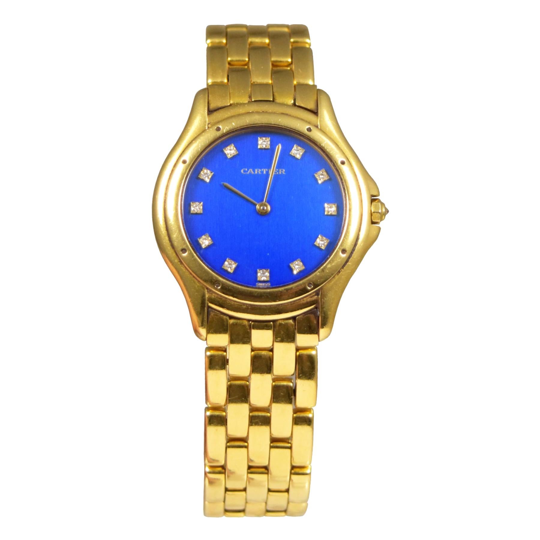 Splendid Cartier Cougar 18k Yellow Gold Blue Diamond Dial Watch