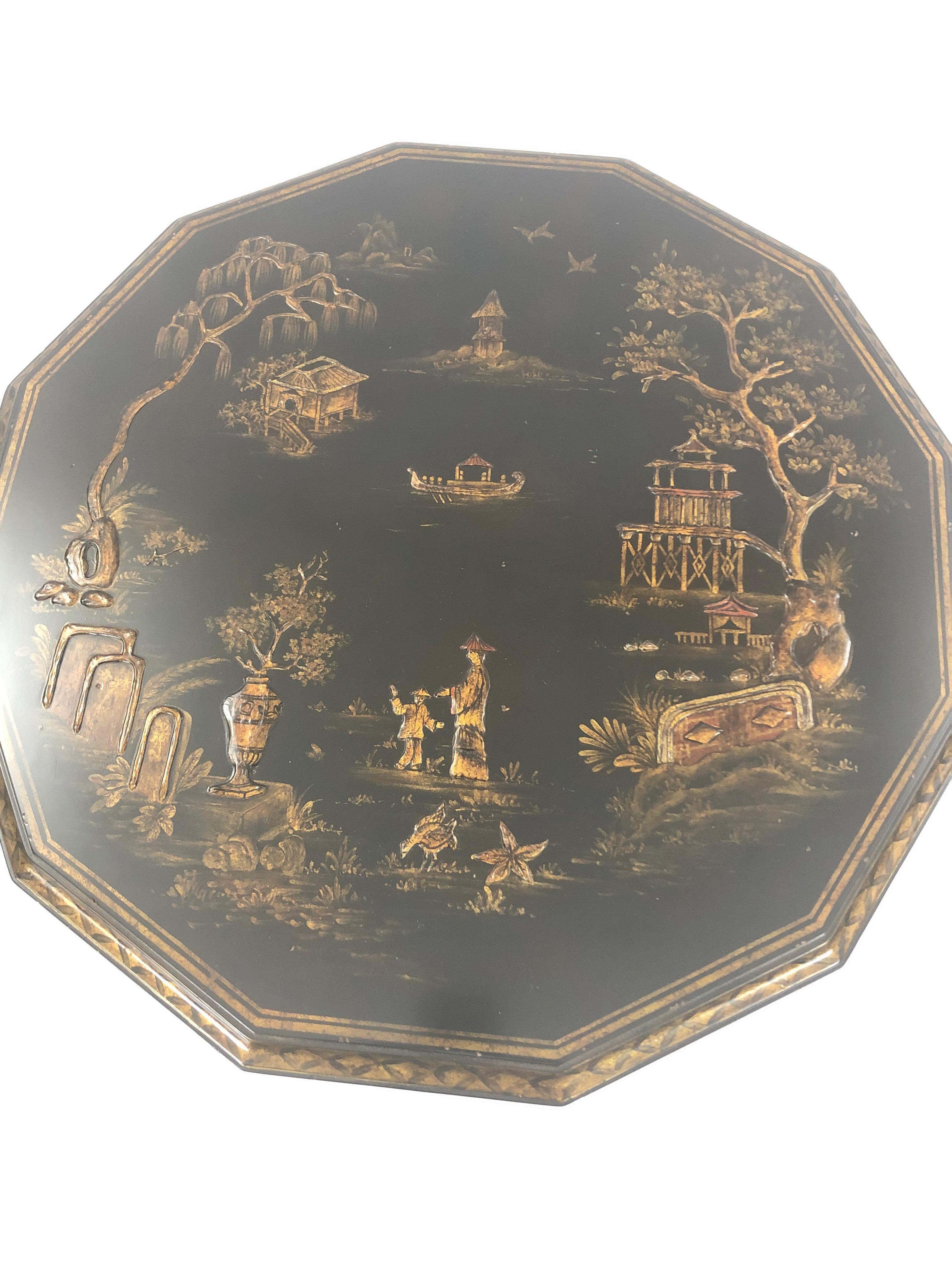 Gorgeous flip top side table by Maitland Smith having a 12 sided chinoiserie top decorated with raised gilded Asian style figures and foliage. The columnar base terminates in tripod cabriole legs, all decorated with gold against black.
When raised