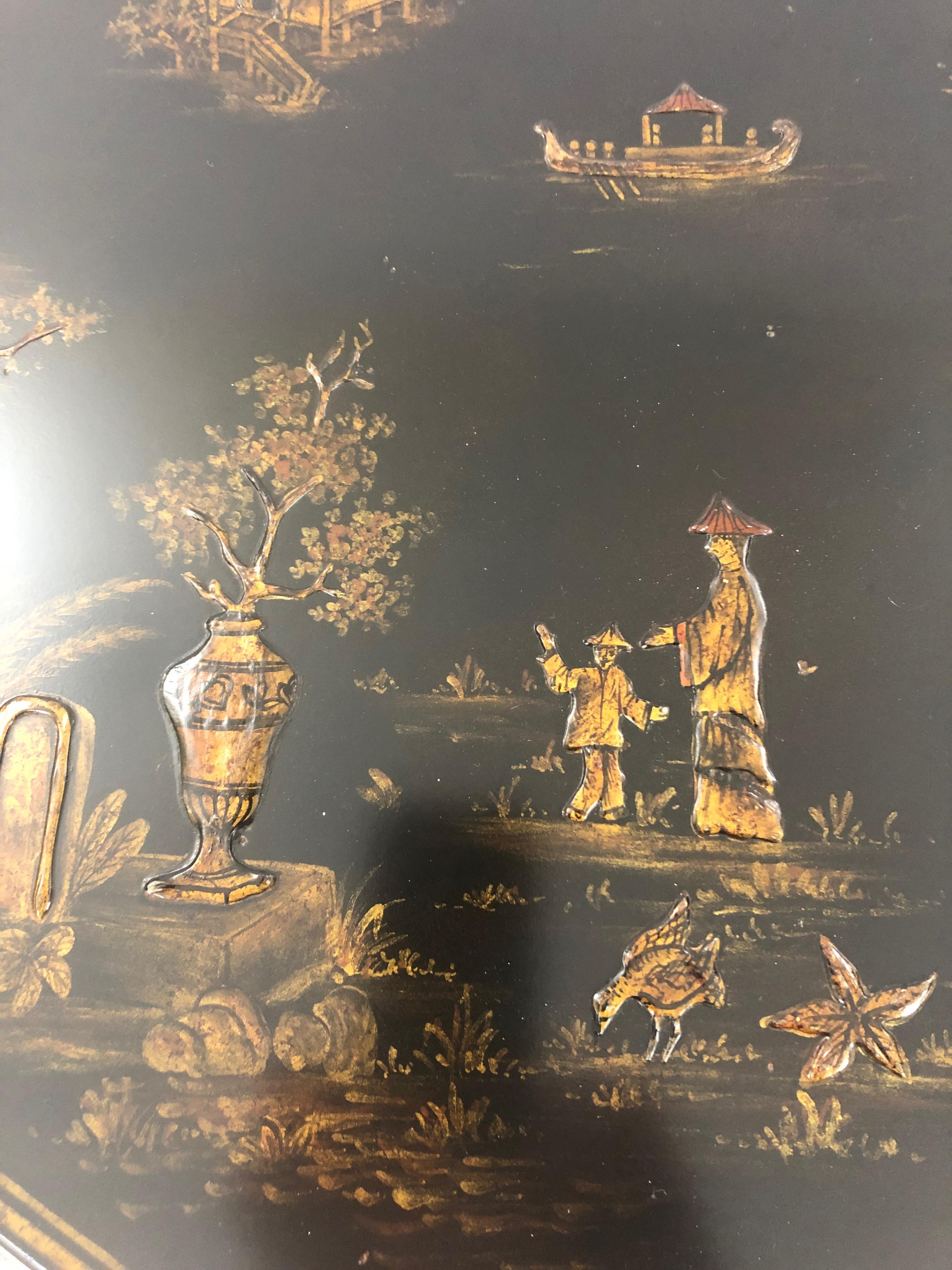 Philippine Splendid Maitland Smith Chinoiserie Black and Gold 12 Sided Flip Top Side Table