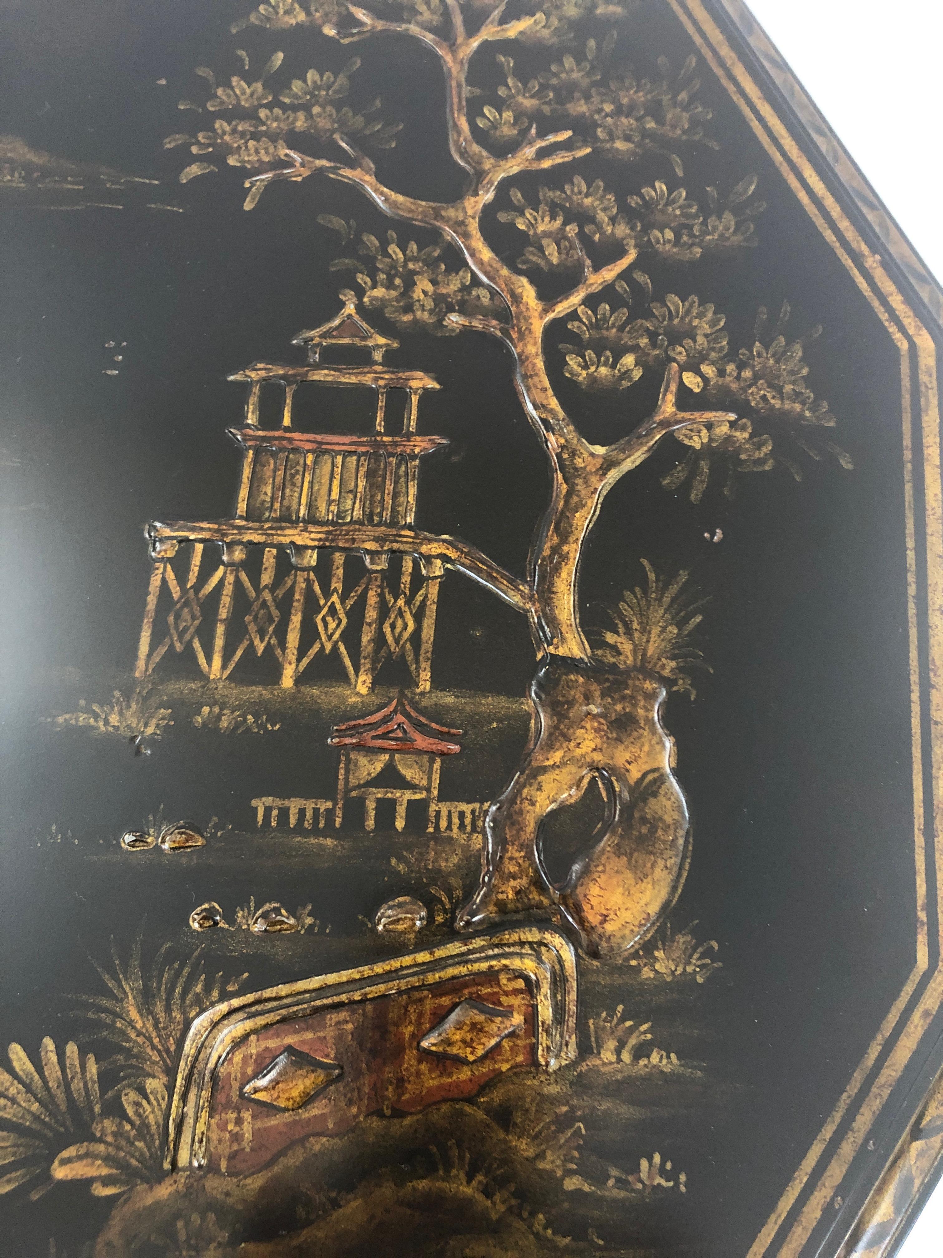 Splendid Maitland Smith Chinoiserie Black and Gold 12 Sided Flip Top Side Table In Good Condition In Hopewell, NJ