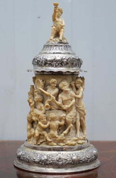 Splendid circa 1820 German Tankard Profusely Carved Cherubs Sterling Silver