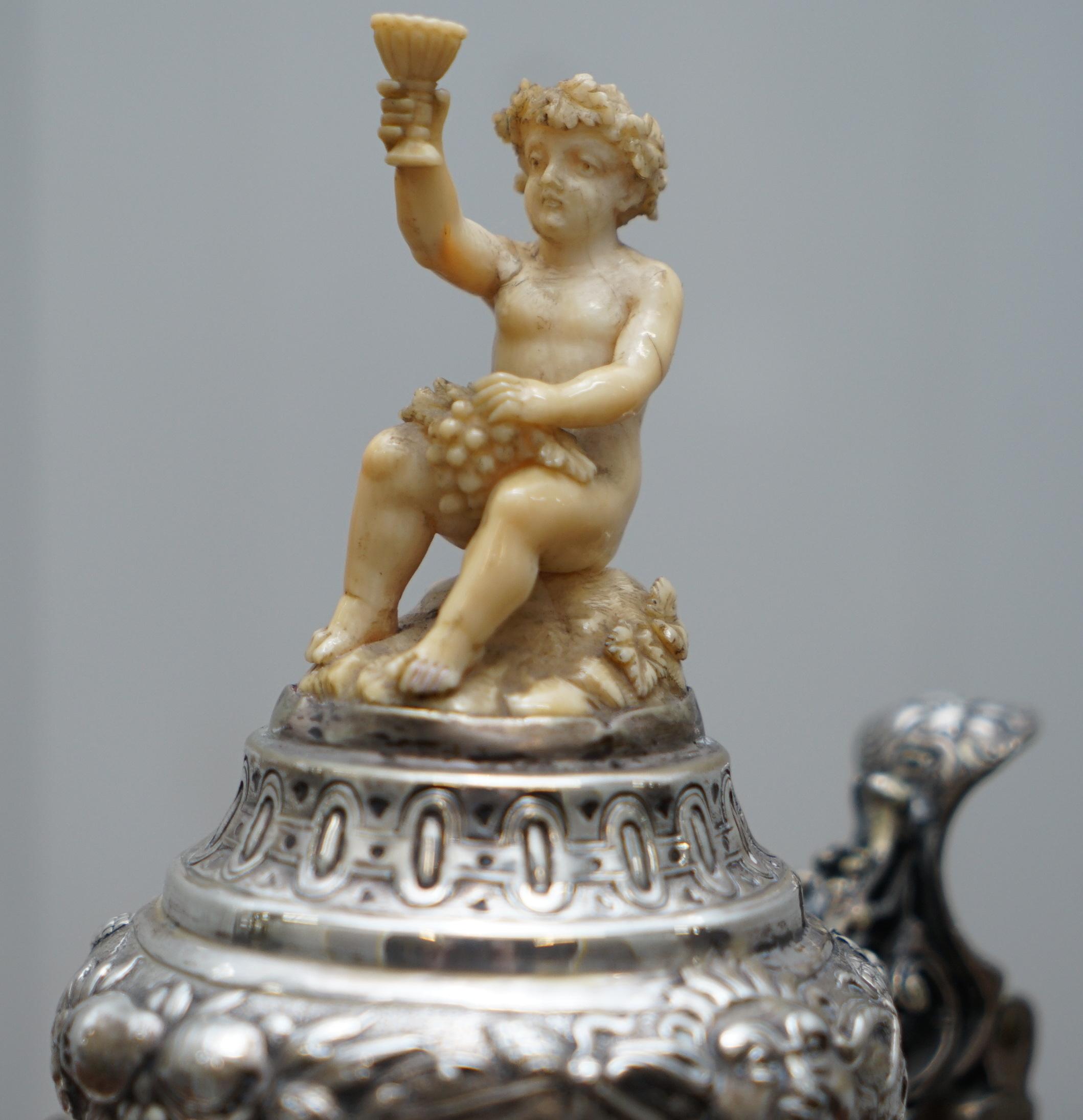 Hand-Crafted Splendid circa 1820 German Tankard Profusely Carved Cherubs Sterling Silver