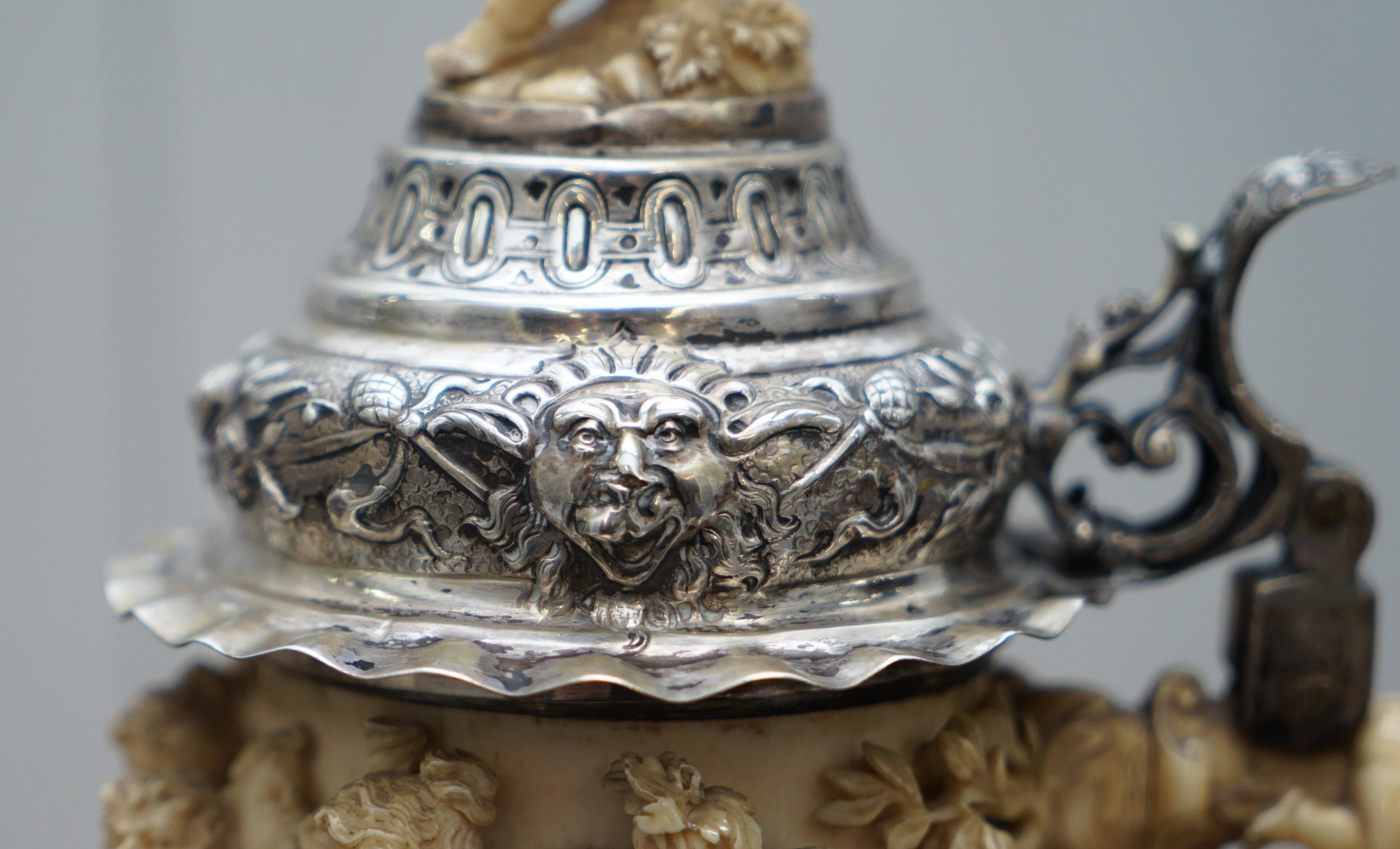 19th Century Splendid circa 1820 German Tankard Profusely Carved Cherubs Sterling Silver