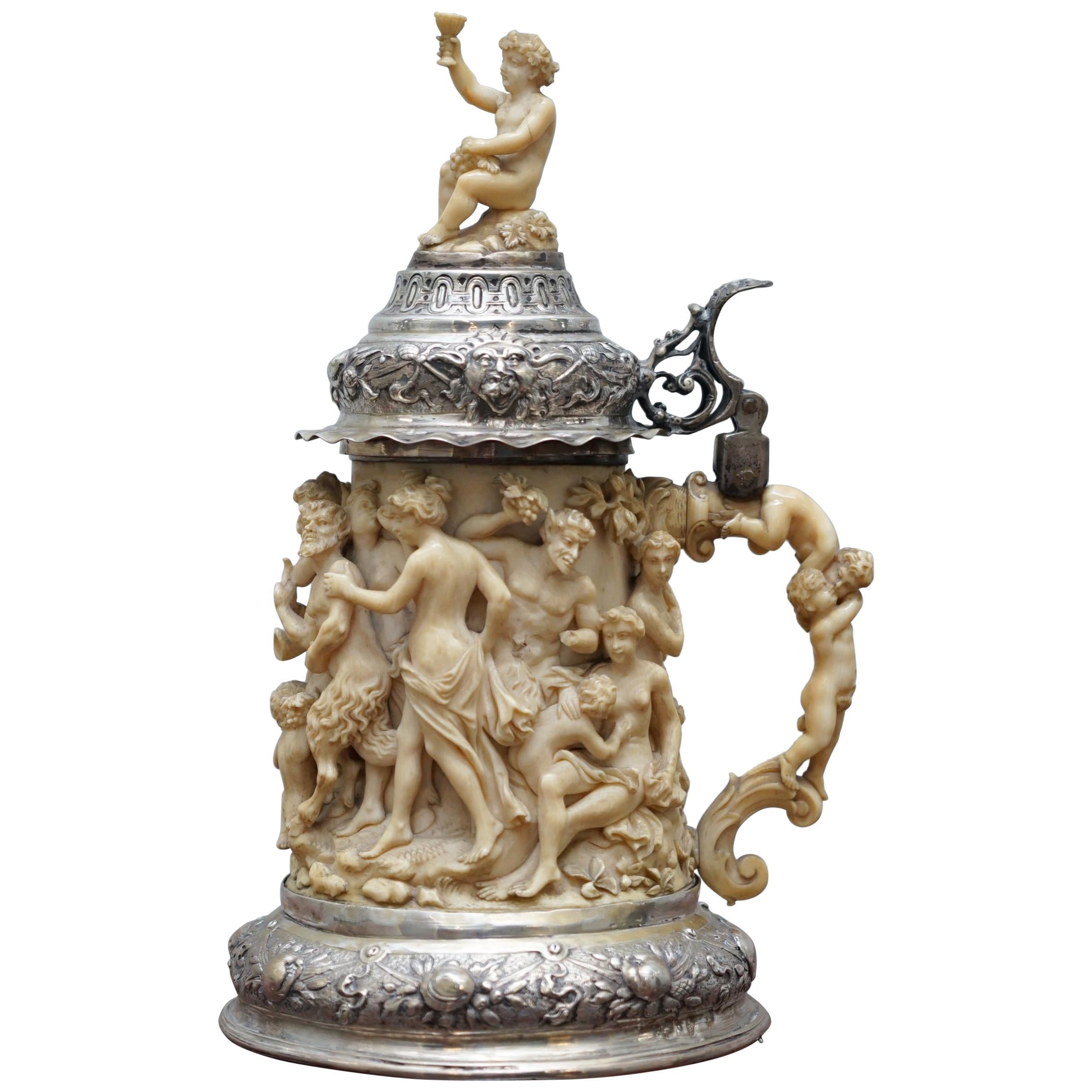 Splendid circa 1820 German Tankard Profusely Carved Cherubs Sterling Silver