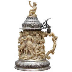 Splendid circa 1820 German Tankard Profusely Carved Cherubs Sterling Silver