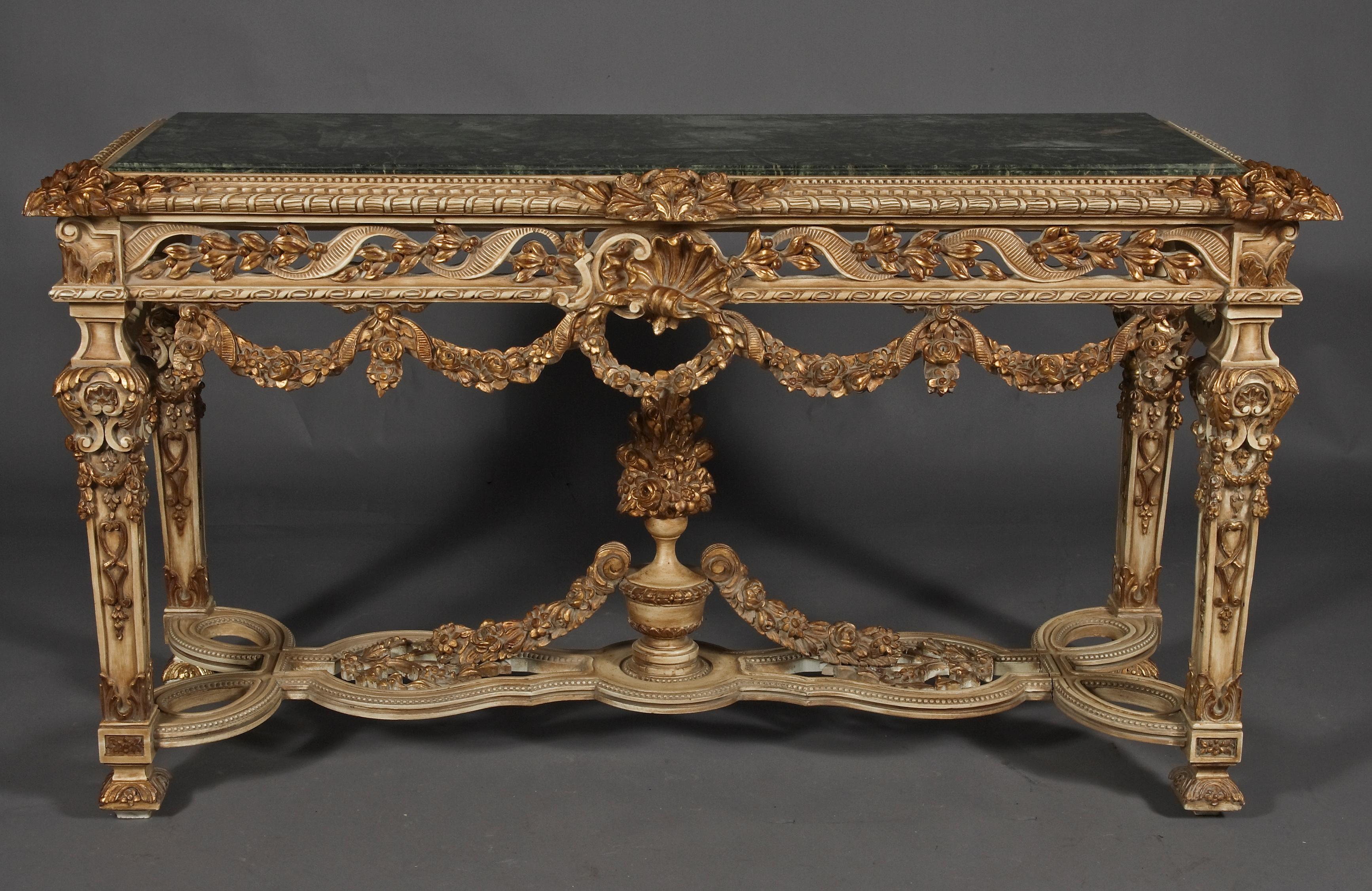 Splendid console table in Louis XVI Style.
 Highly valuable, solid Beech Wood, colored handpainted.
 and gilded. Measures: width: 165 cm, height: 91 cm, depth: 58 cm.

Delivery time is about 4-6 months (+/-).
 