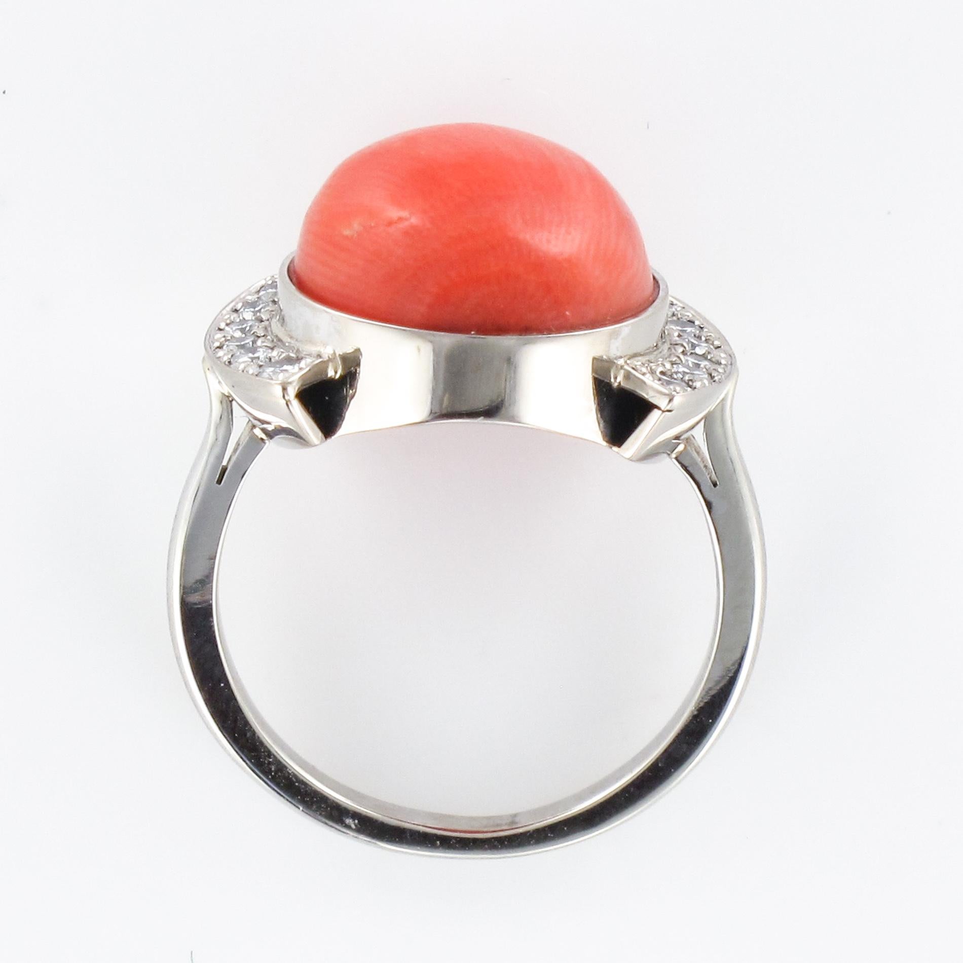 Art Deco Style Cabochon Coral Diamond 18 Karat White Gold Ring For Sale 10