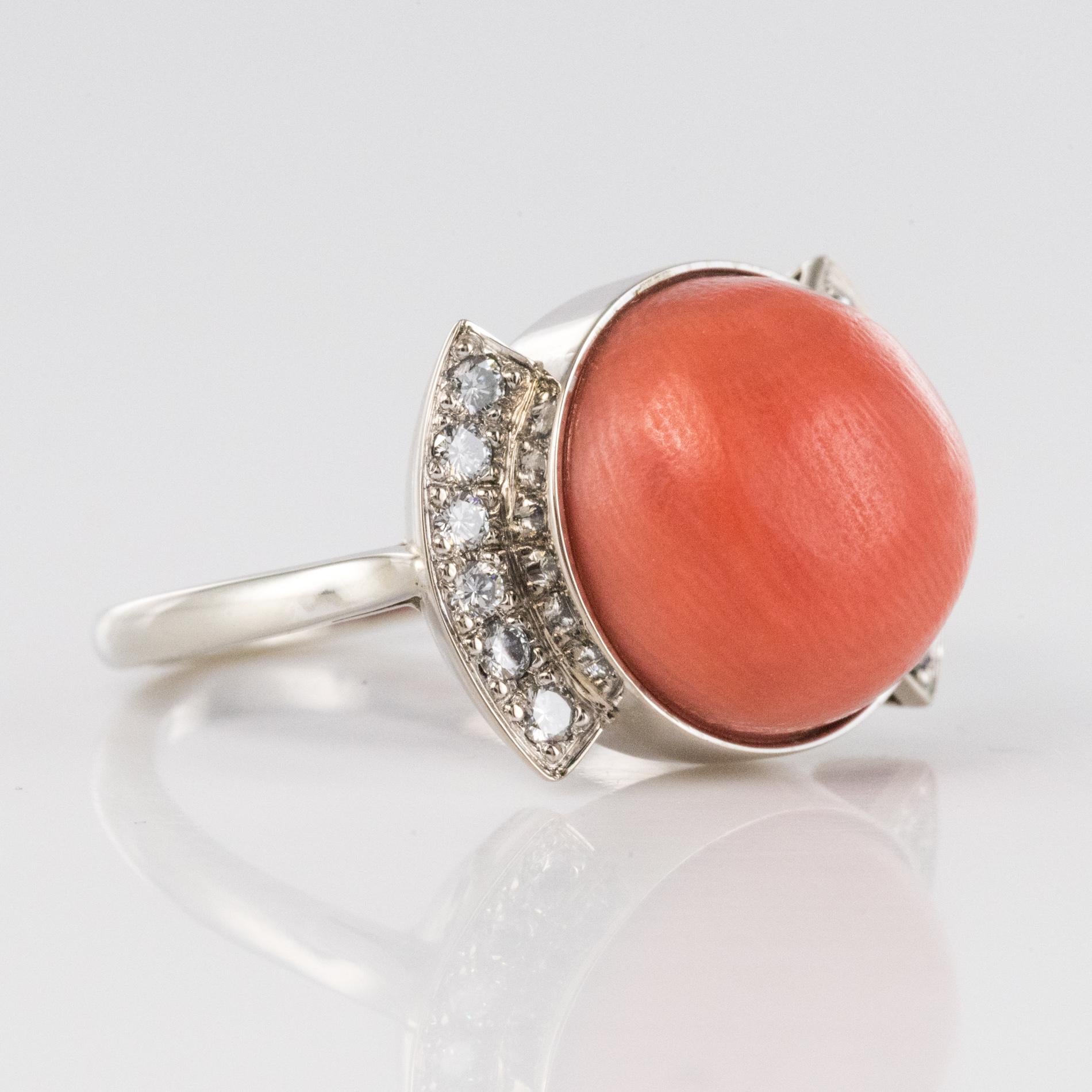 Art Deco Style Cabochon Coral Diamond 18 Karat White Gold Ring For Sale 1