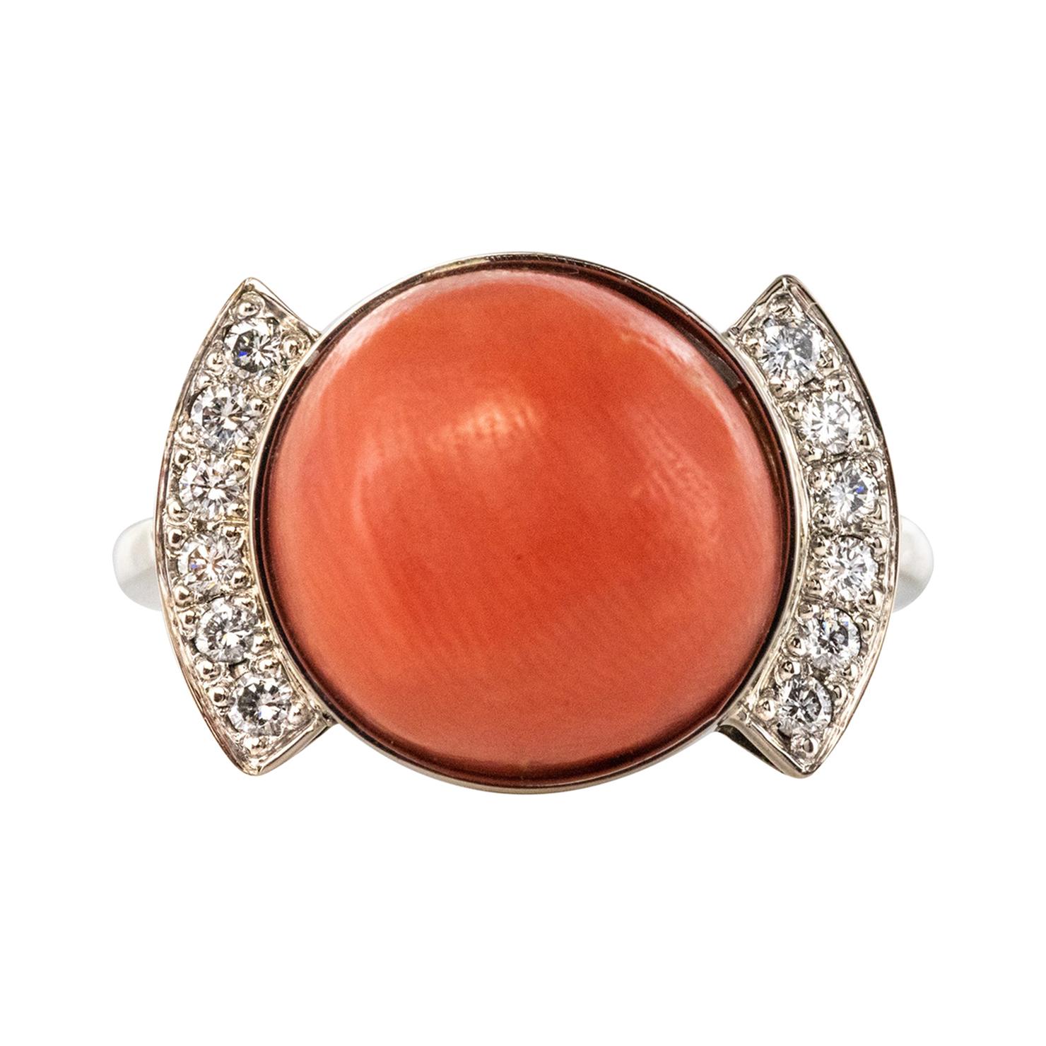 Art Deco Style Cabochon Coral Diamond 18 Karat White Gold Ring For Sale