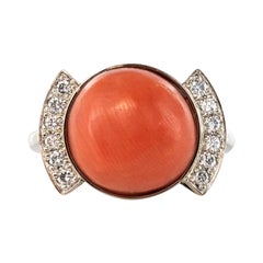 Art Deco Style Cabochon Coral Diamond 18 Karat White Gold Ring