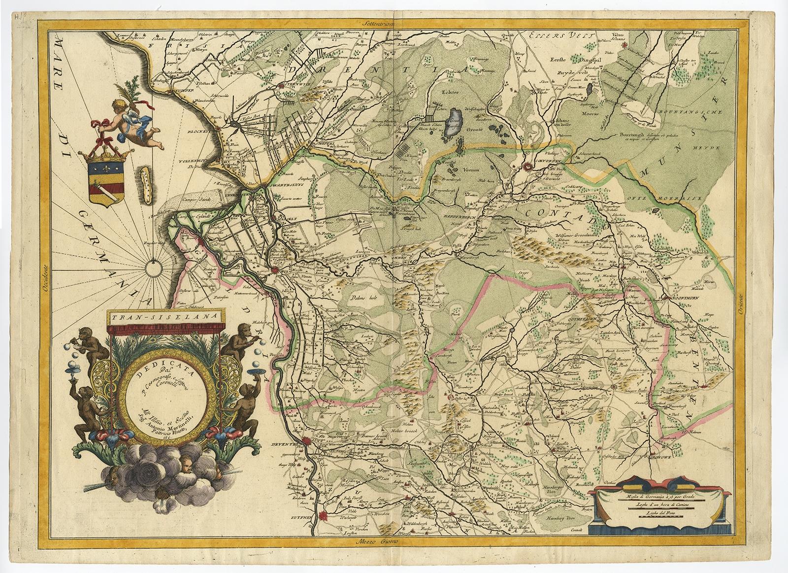 Antique map titled 'Tran-siselana'. Splendid detailed and decorative map of the province of Overijssel in the Netherlands by Vincenzo Coronelli. An elaborate title cartouche garlanded with intertwined flowers and dedicated to Antonio Martinelli.