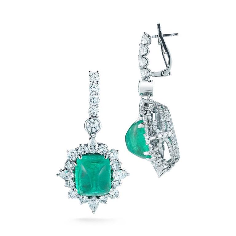 SPLENDID EMERALD EARRINGS Luscious Emerald cabochons are electrified by a multi-shape diamond halo. Item: # 01983 Metal: 18k W Lab: Gia Color Weight: 17.80 ct. Diamond Weight: 6.17 ct.

