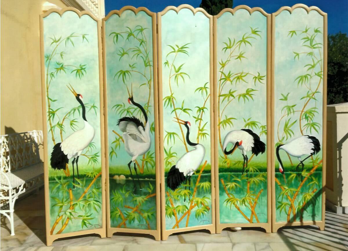 A splendid five-fold screen decorated on both sides, oil on wood by an International Spanish Artist.
