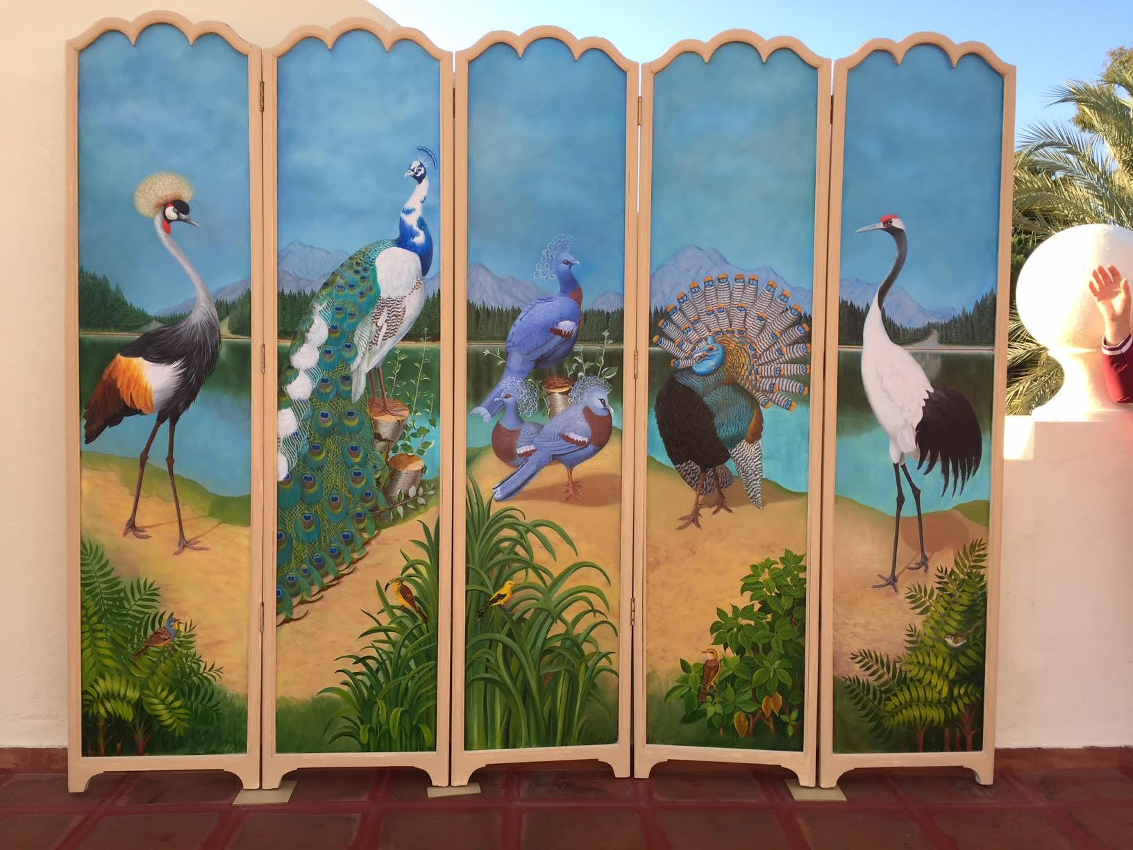 European Splendid Five-Fold Screen Decorated on Both Sides with Exotic Birds For Sale