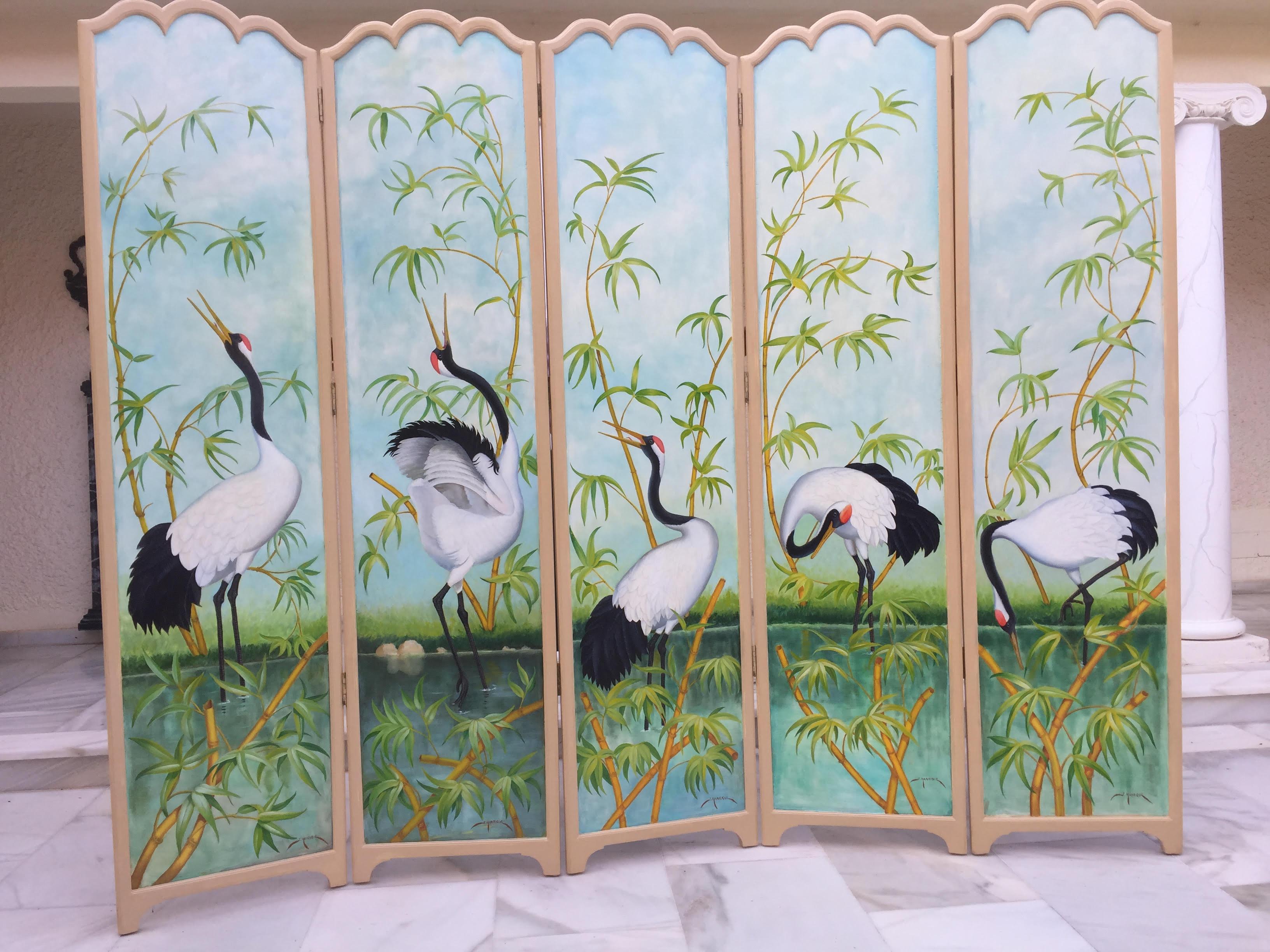 Splendid Five-Fold Screen Decorated on Both Sides with Exotic Birds In Good Condition For Sale In London, GB