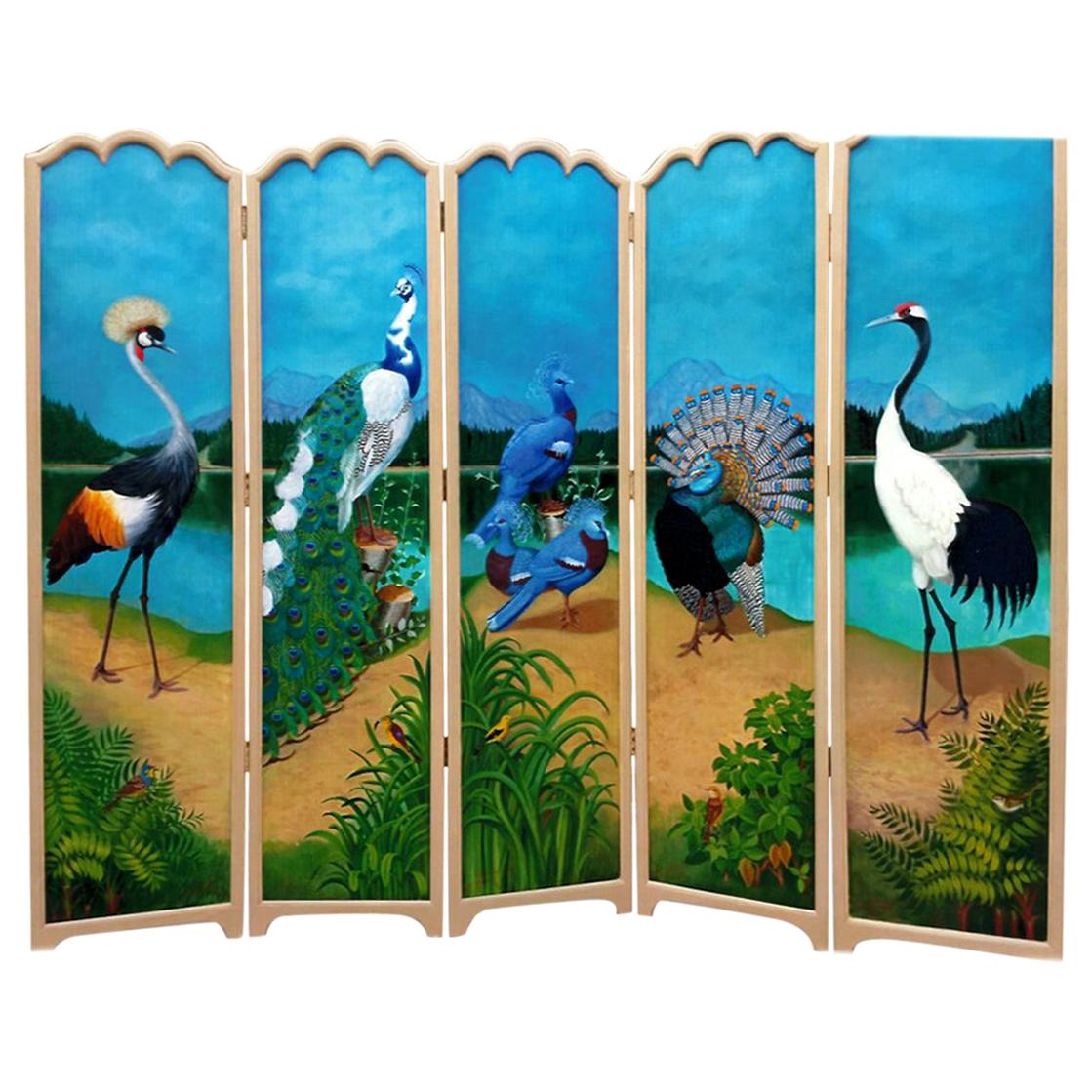 Splendid Five-Fold Screen Decorated on Both Sides with Exotic Birds For Sale