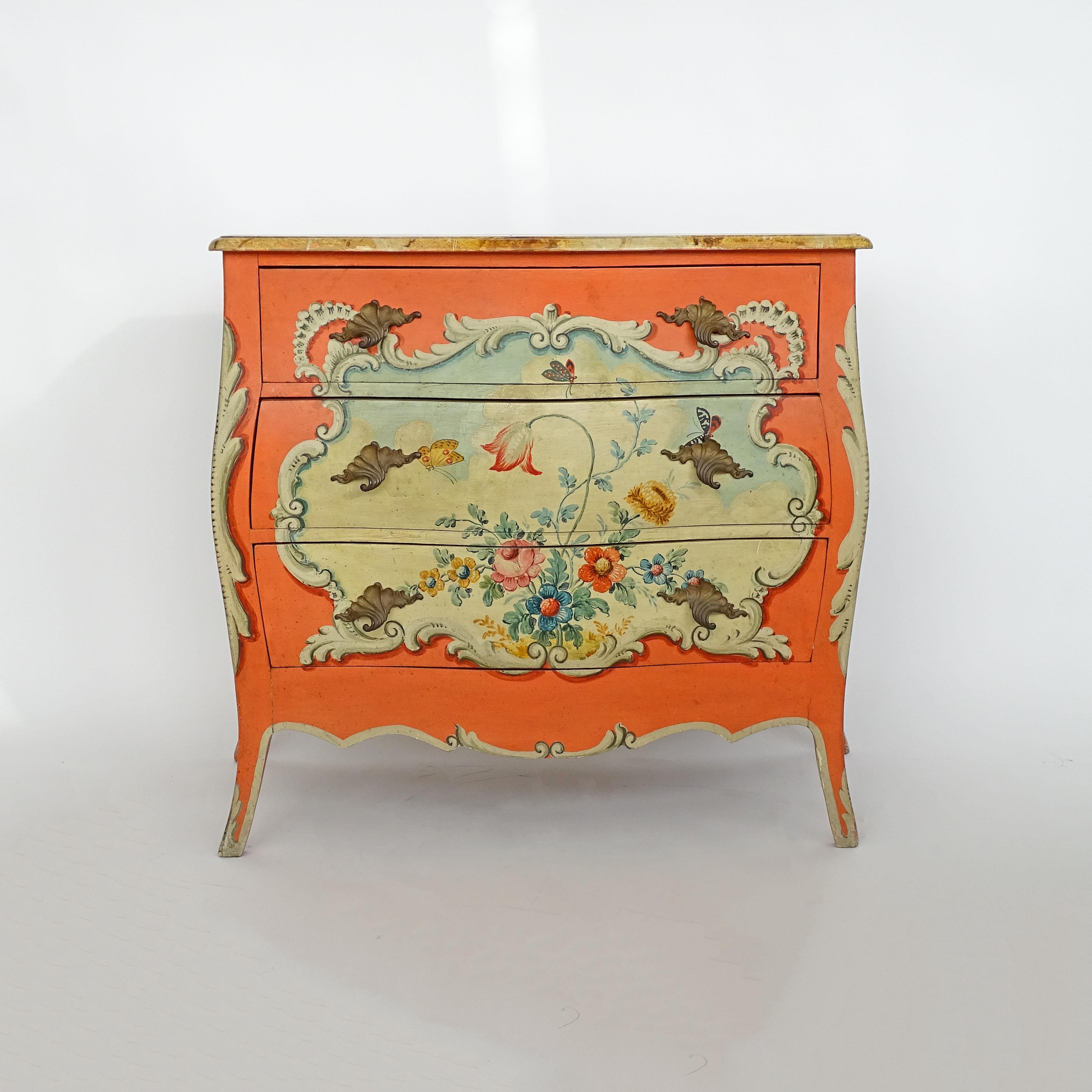 Splendid Italian 1940s flowers and butterflies painted commode.
