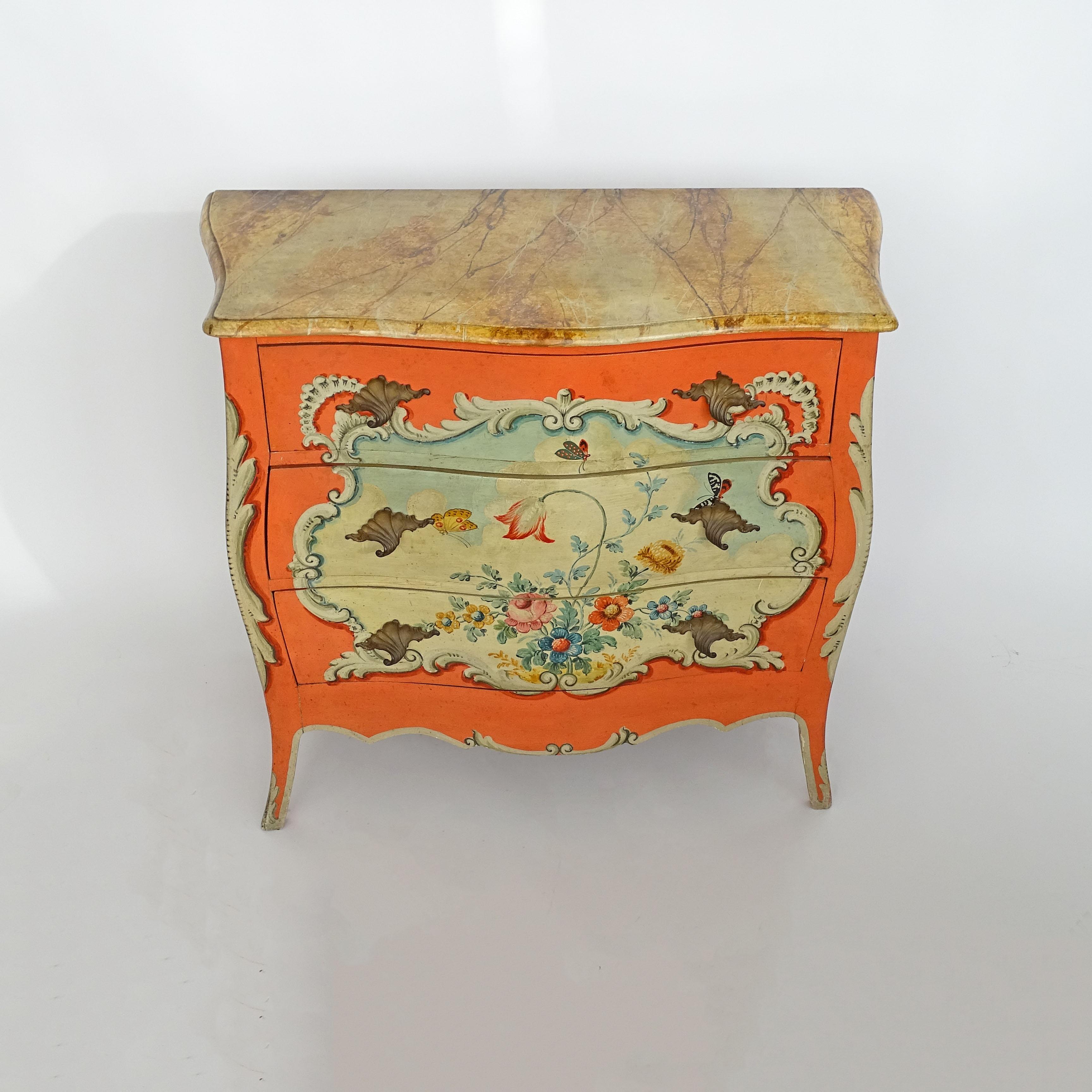Mid-Century Modern Splendid Italian 1940s Flowers and Butterflies Painted Commode For Sale