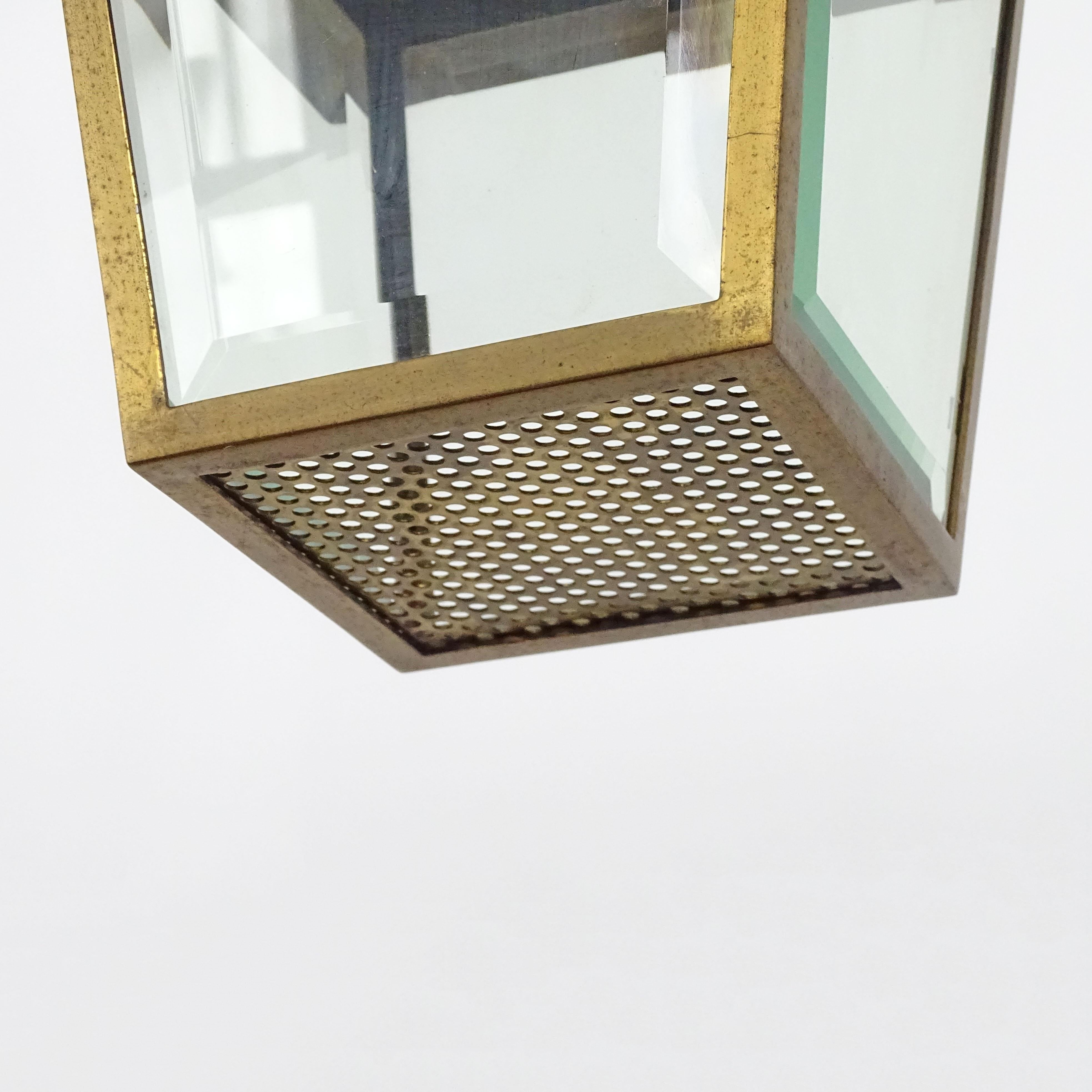 Mid-20th Century Splendid Italian 1940s Pendant Lamp in Perforated Brass and Cut Glass For Sale