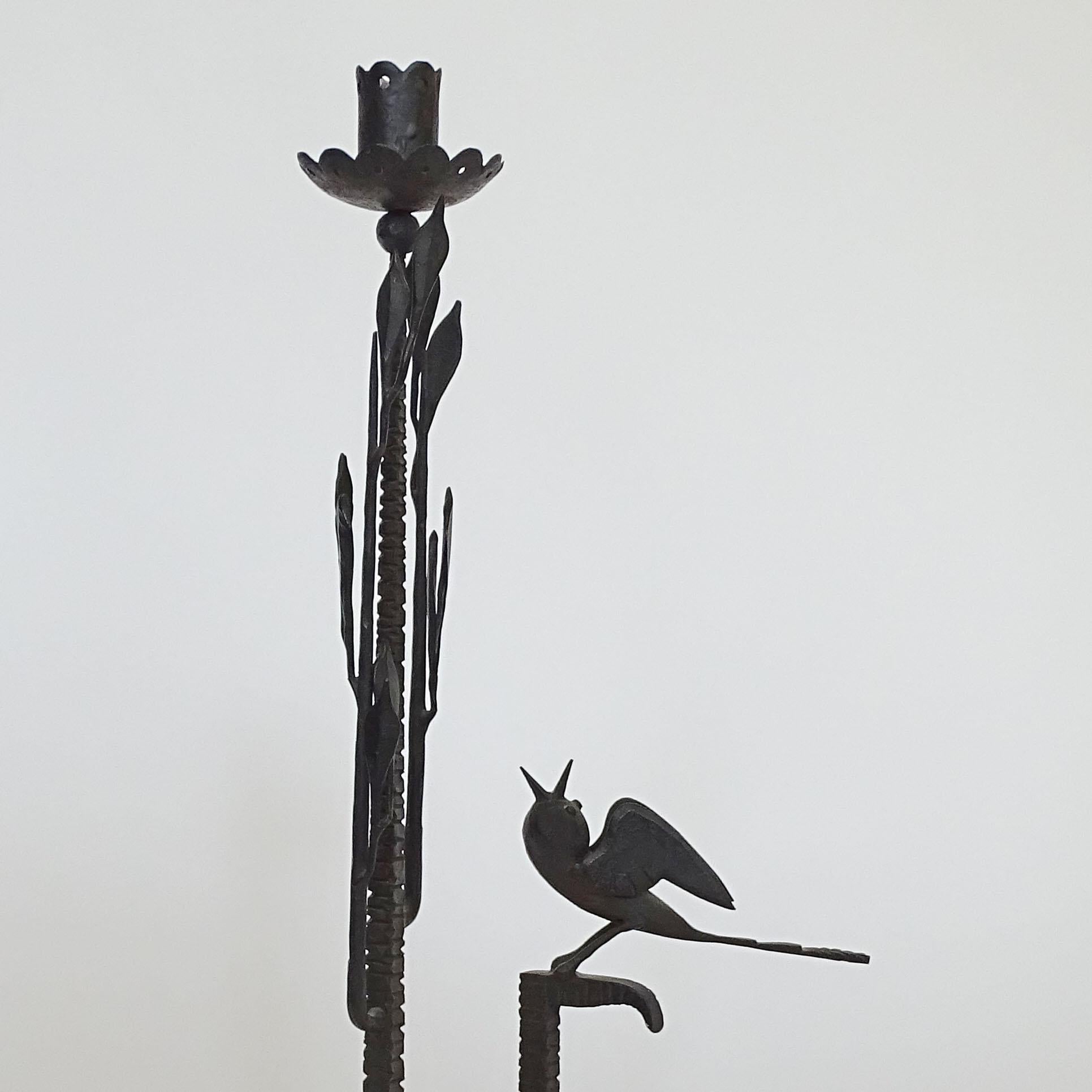 Splendid Italian 1940s wrought iron bird and leaf motif candlestick
