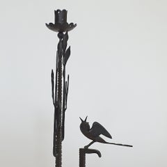 Espléndido candelabro italiano de hierro forjado de los años 40 con motivos de pájaros y hojas