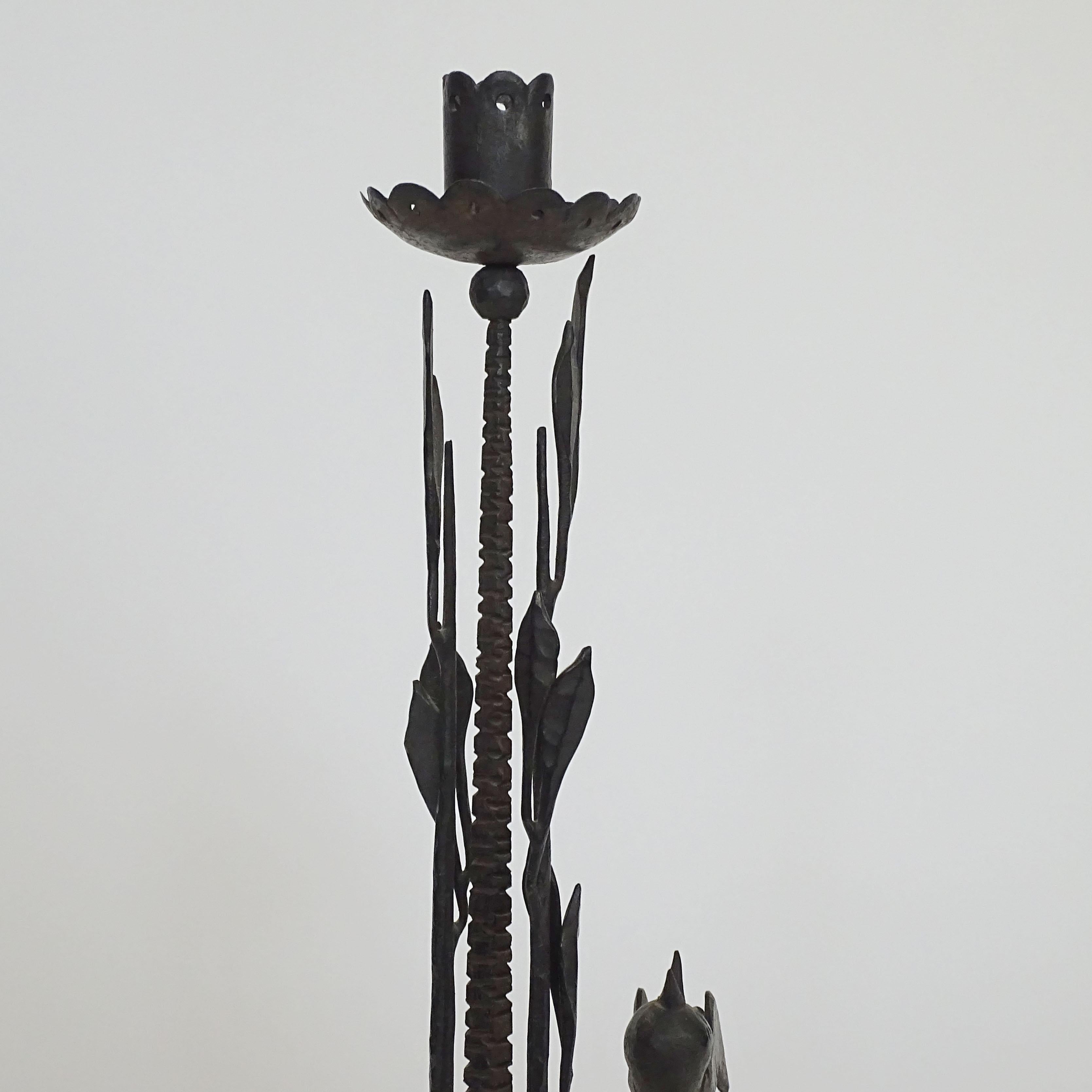 Mid-20th Century Splendid Italian 1940s wrought iron bird and leaf motif candle stick For Sale