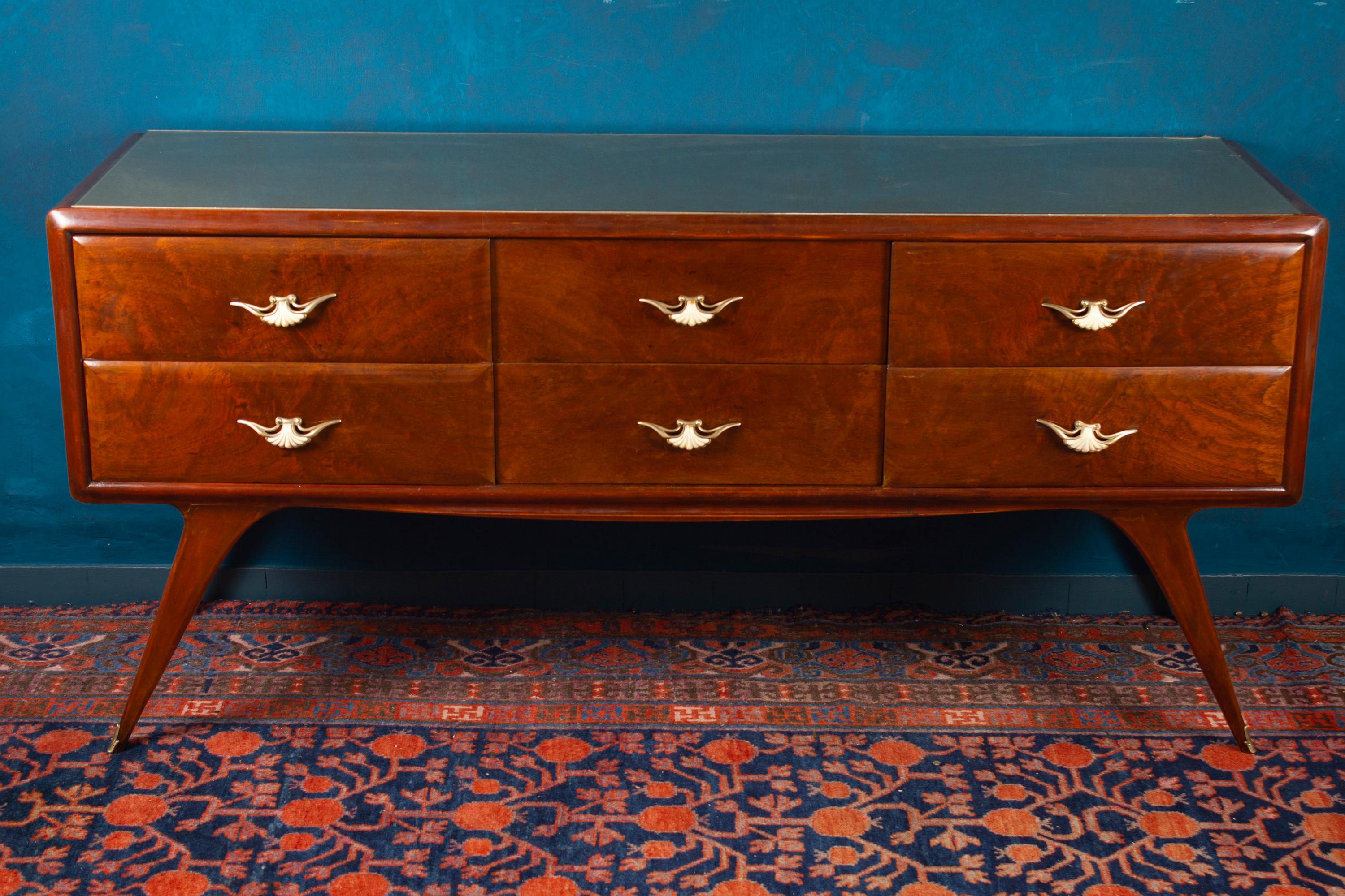 Elegant Italian mid-century mahogany commode or dresser with six drawers mounted with a grey glass shelf. Drawers decorated with brass and bone beautiful handles.