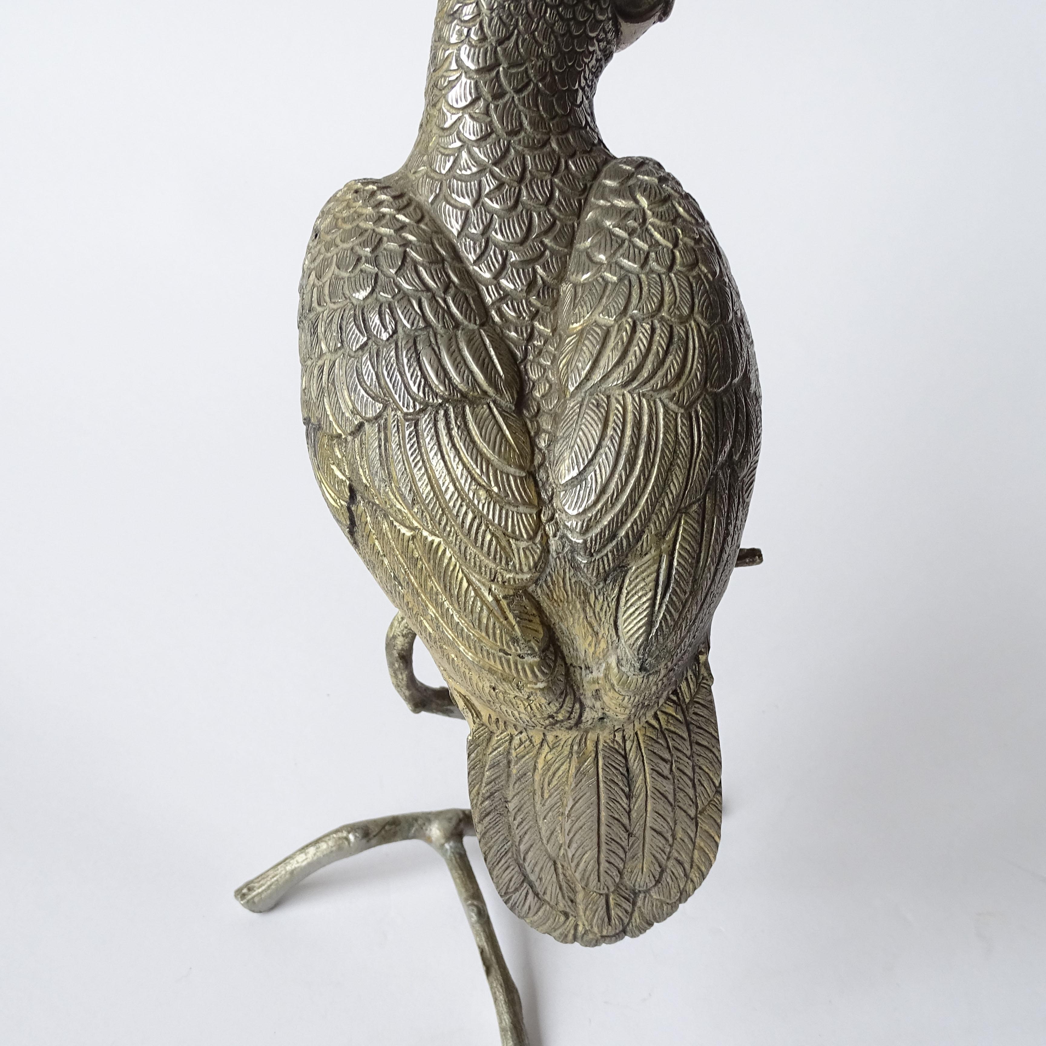 Splendid Italian Nickeled Brass Parrot on a Branch Sculpture, 1970s In Good Condition For Sale In Milan, IT