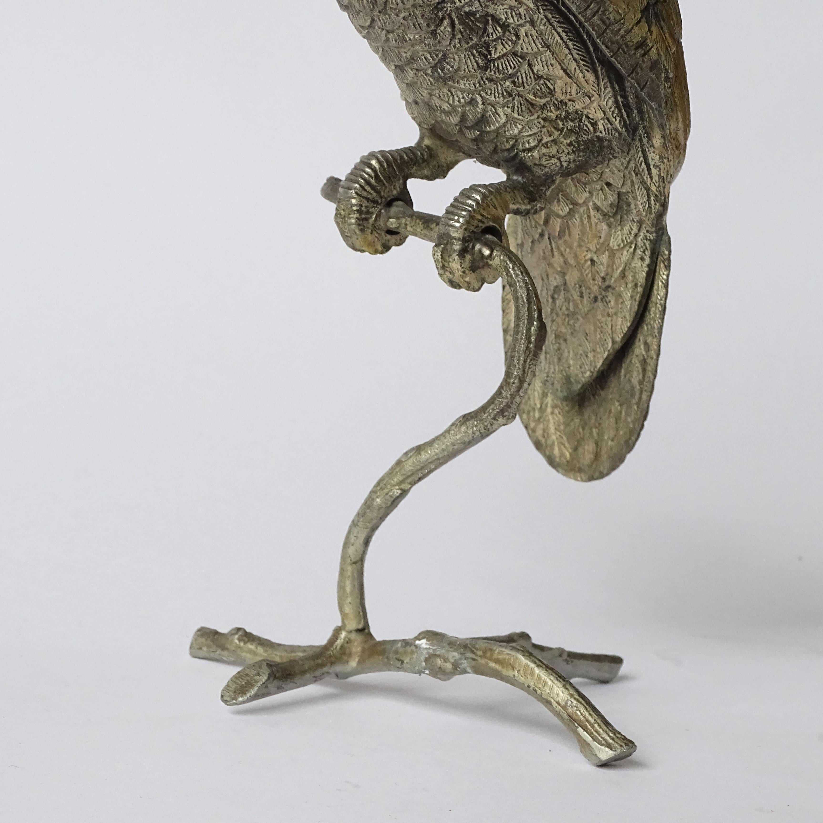 Late 20th Century Splendid Italian Nickeled Brass Parrot on a Branch Sculpture, 1970s For Sale
