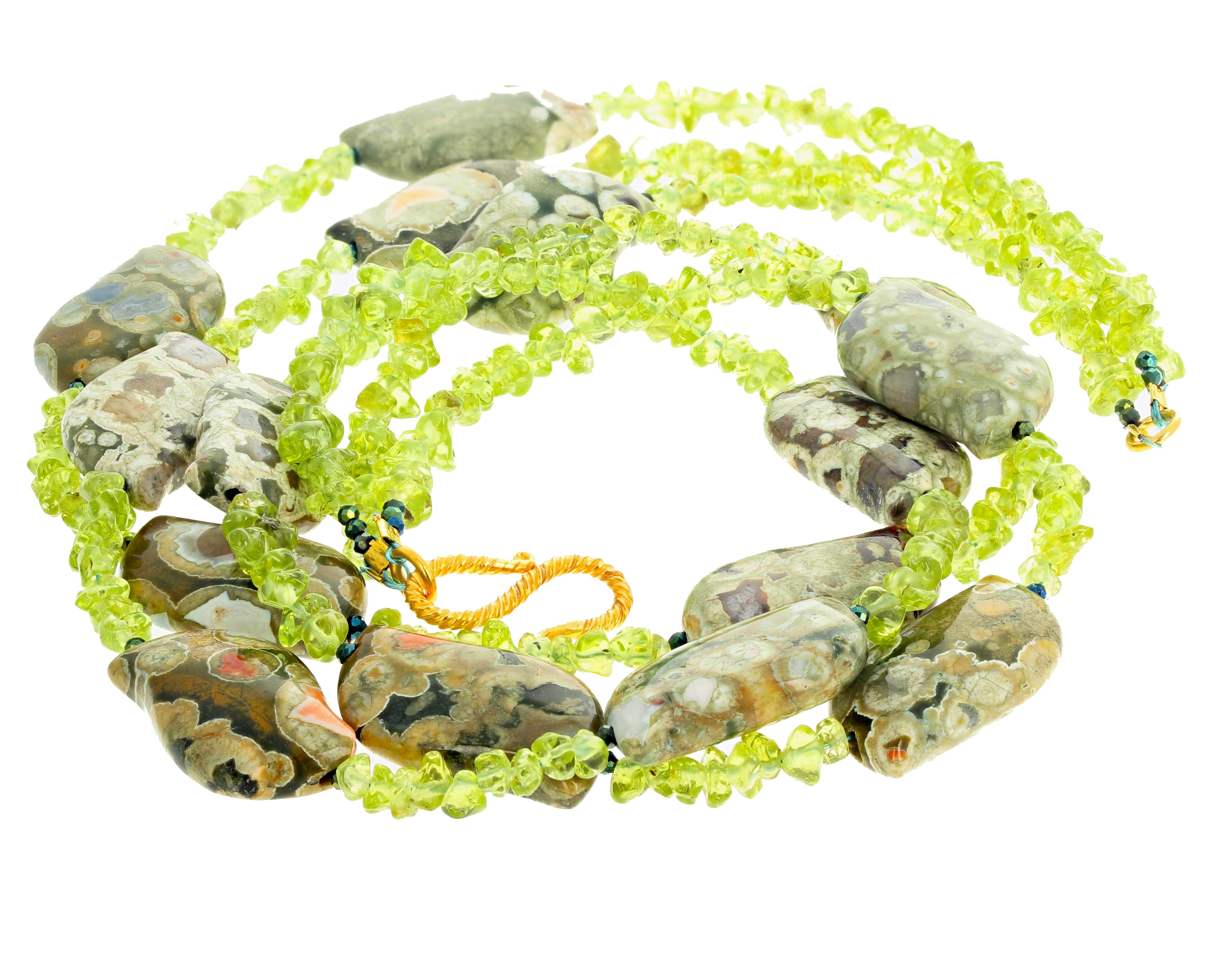 Tumbled AJD Fascinating Splendid Sparkling Real Peridot & Jasper Triple Strand Necklace For Sale
