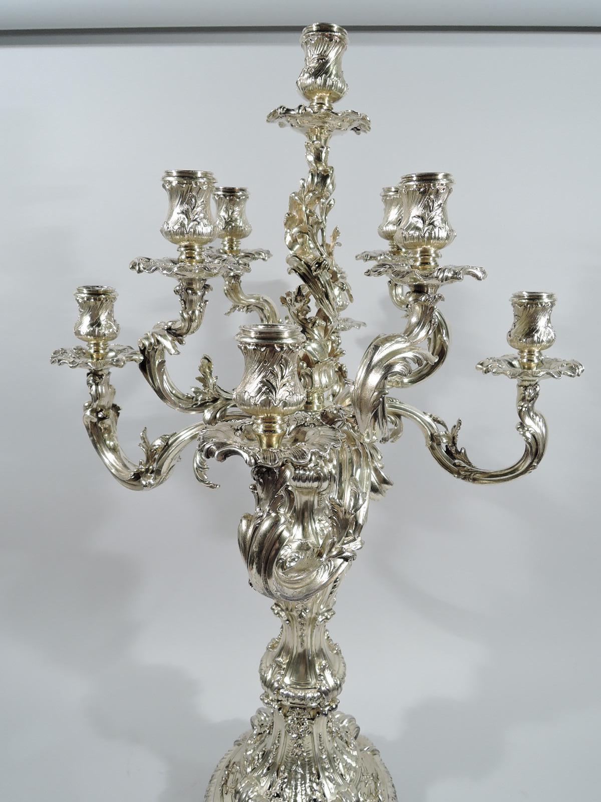Rococo Revival Splendid and Massive French Rococo Silver Gilt 9-Light Candelabra