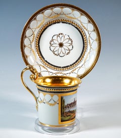 Splendida tazza di Meissen con squisito dipinto Veduta, 'Dresda' e oro, 1850