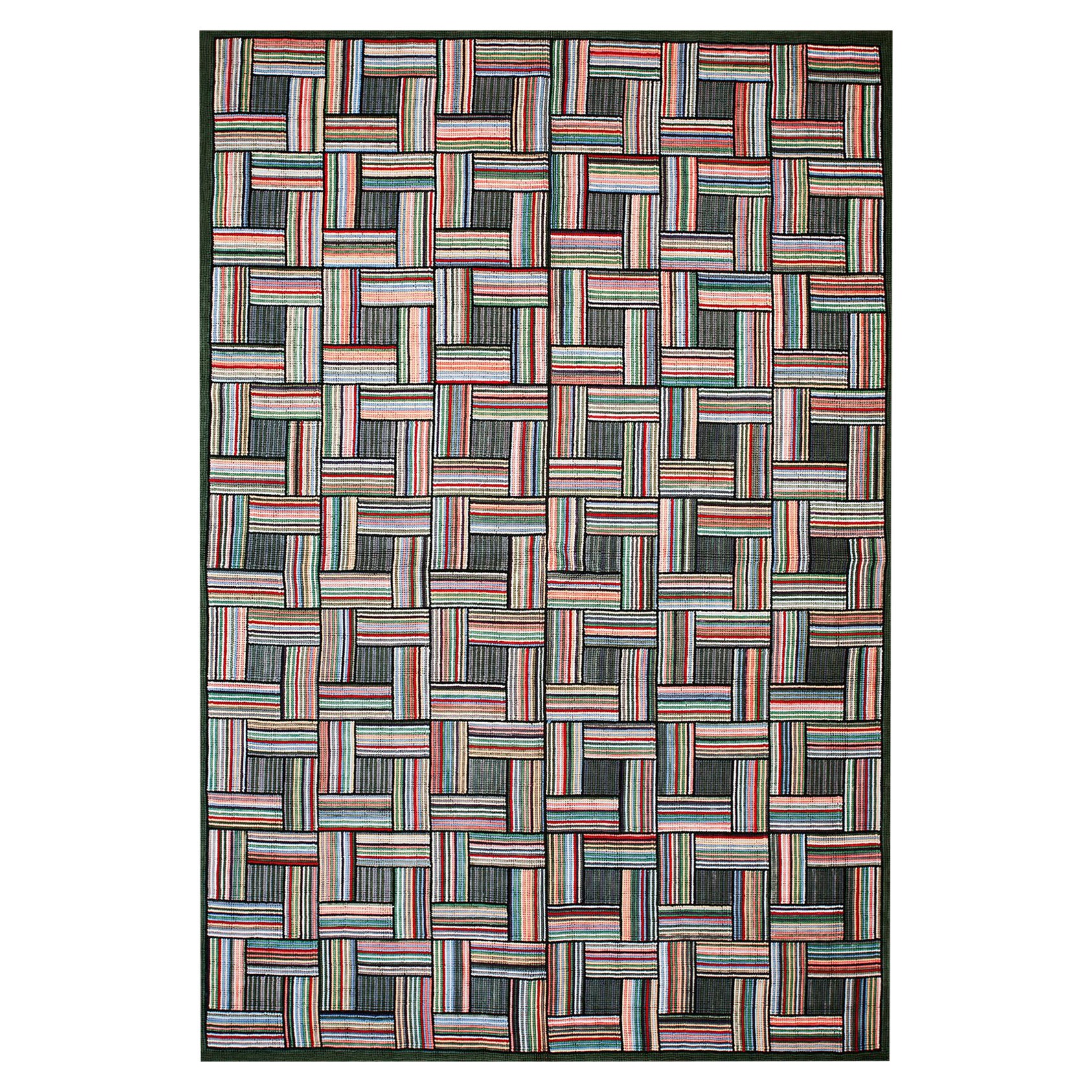 Splendid Multicolor Square Pattern Contemporary Handmade American Hooked Rug