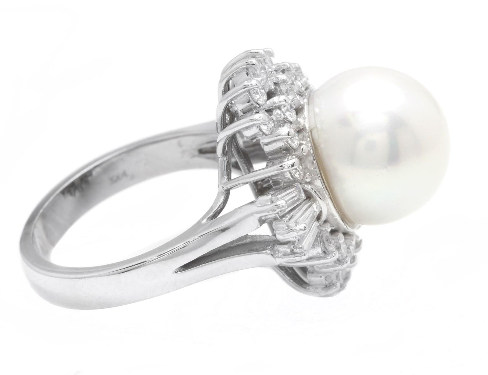 Mixed Cut Splendid Natural Cultured Pearl and Diamond 14K Solid White Gold Ring For Sale