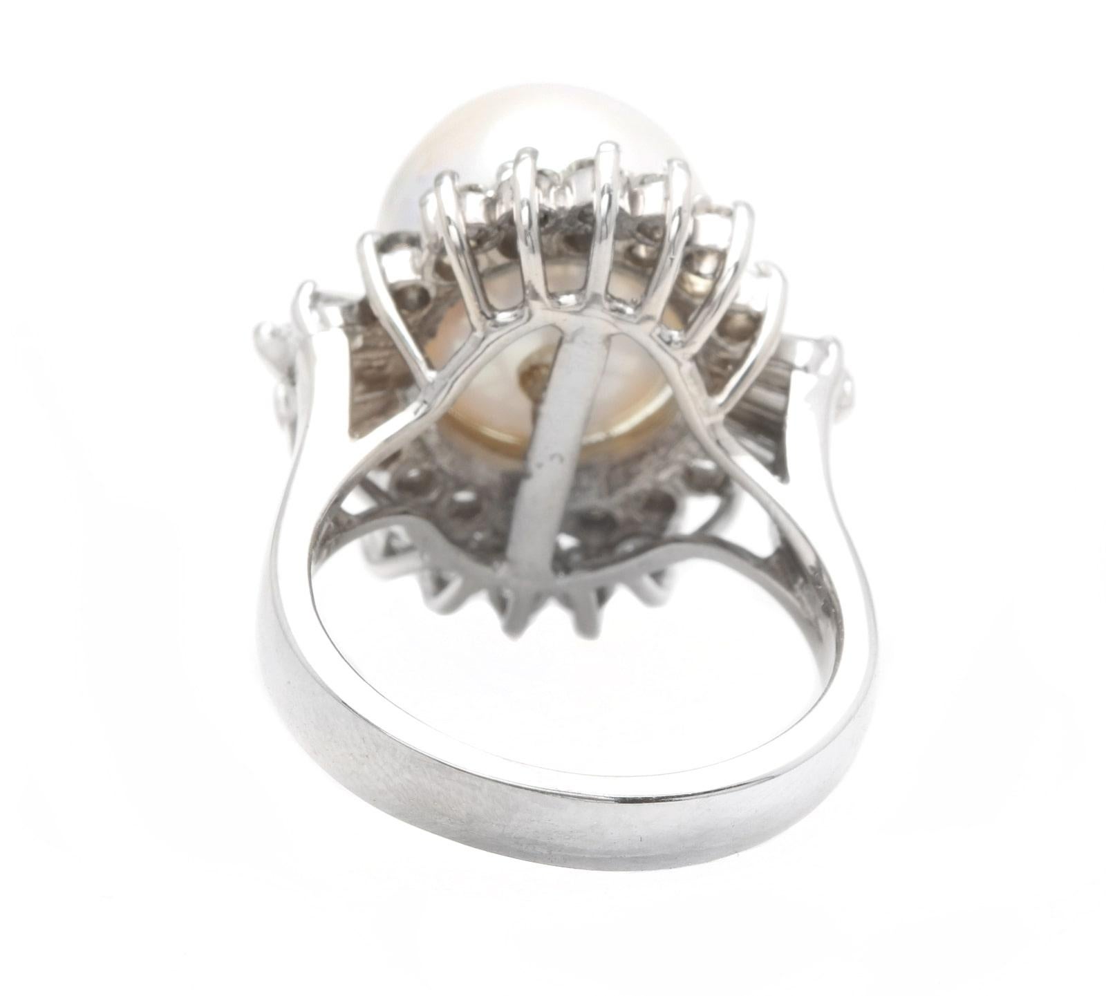 Espléndido Anillo de Perla Cultivada Natural y Diamante de Oro Blanco Macizo de 14K en Nuevo estado para la venta en Los Angeles, CA