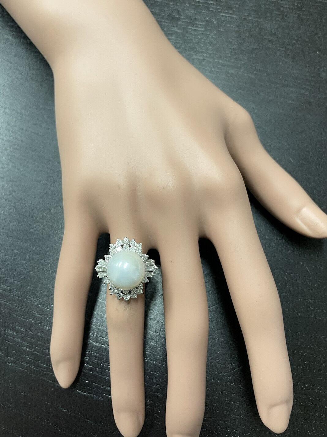 Espléndido Anillo de Perla Cultivada Natural y Diamante de Oro Blanco Macizo de 14K en venta 1