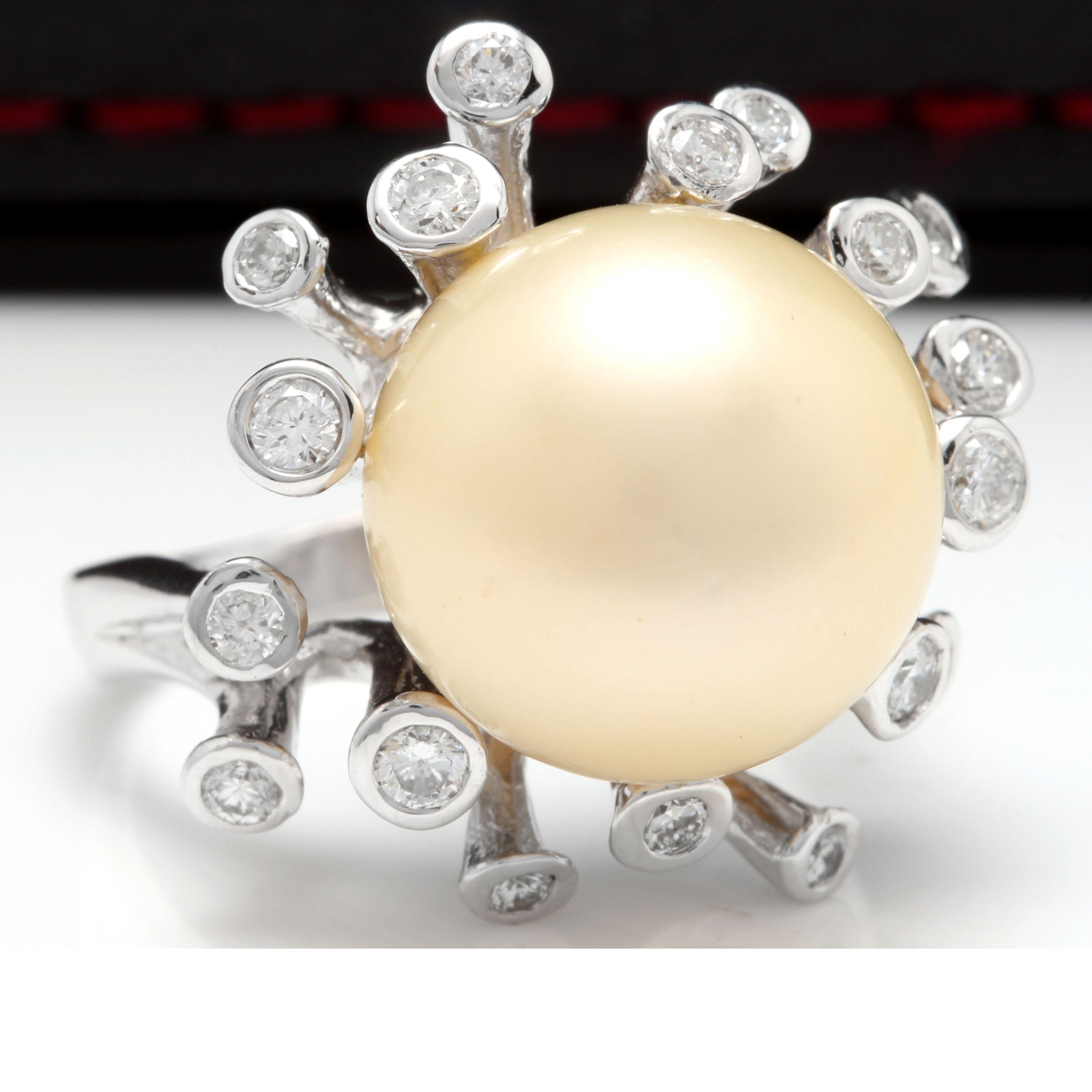 Splendid Natural 15mm South Sea Pearl and Diamond 14K Solid White Gold Ring

Stamped: 14K

Total Natural Pearl Measures: Approx. 15mm

Total Natural Round Diamonds Weight: Approx. 0.80 Carats (color G-H / Clarity SI1-SI2)

Ring size: 7 (we offer