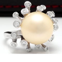Splendide bague en or blanc massif 14 carats avec perle naturelle des mers du Sud et diamants