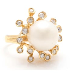 Splendide bague en or jaune massif 14 carats avec perle naturelle des mers du Sud et diamants